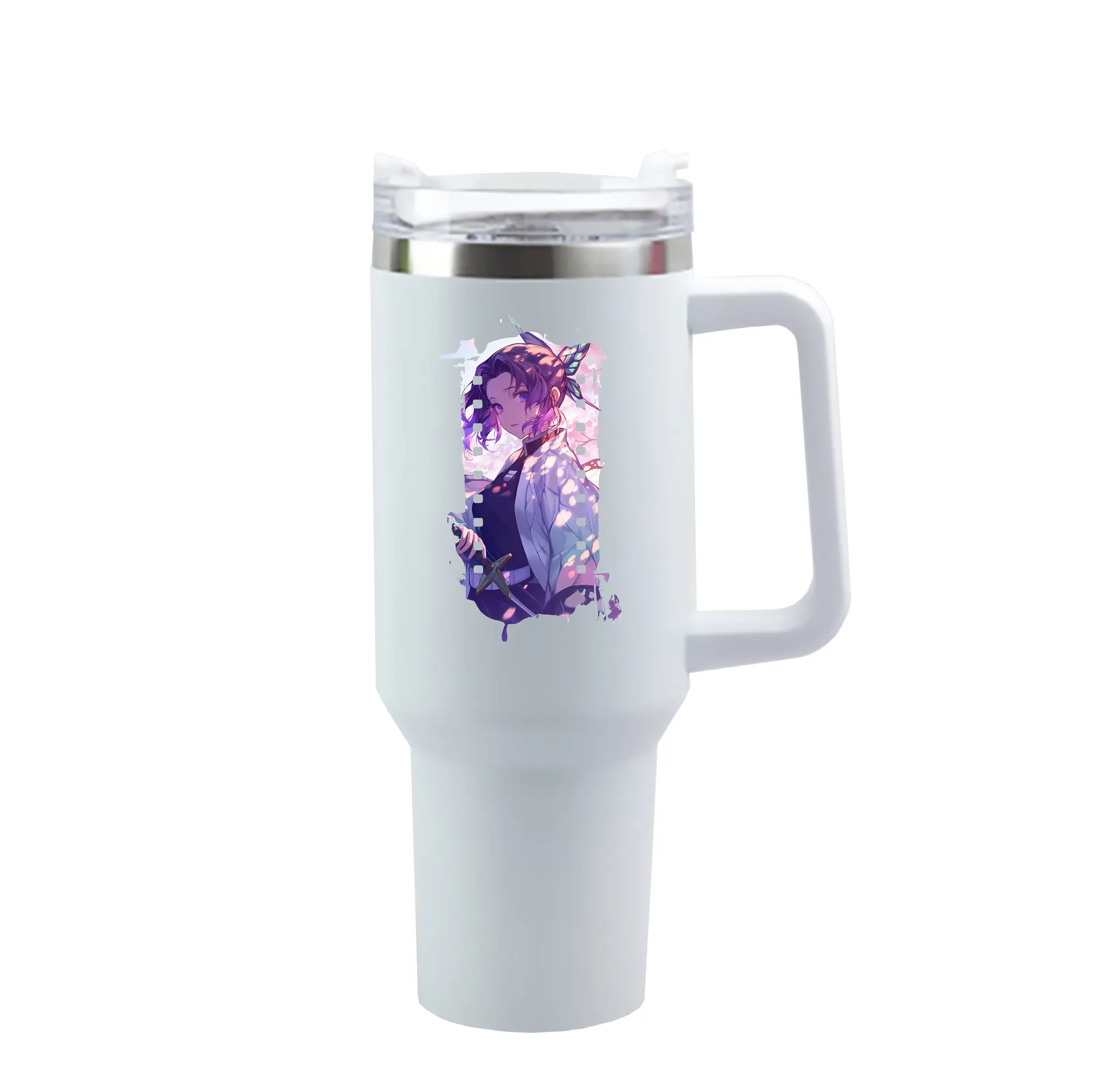 鬼滅の刃 グッズ,胡蝶 しのぶ - 1200mL 車用タンブラー ・ クリスタルステッカー ・ 304ステンレス 内側 ・ 201ステンレス 外側 ・ 保温 保冷 ・ ハンドル＆ストロー付き ・ 通勤 ドライブ アウトドア用