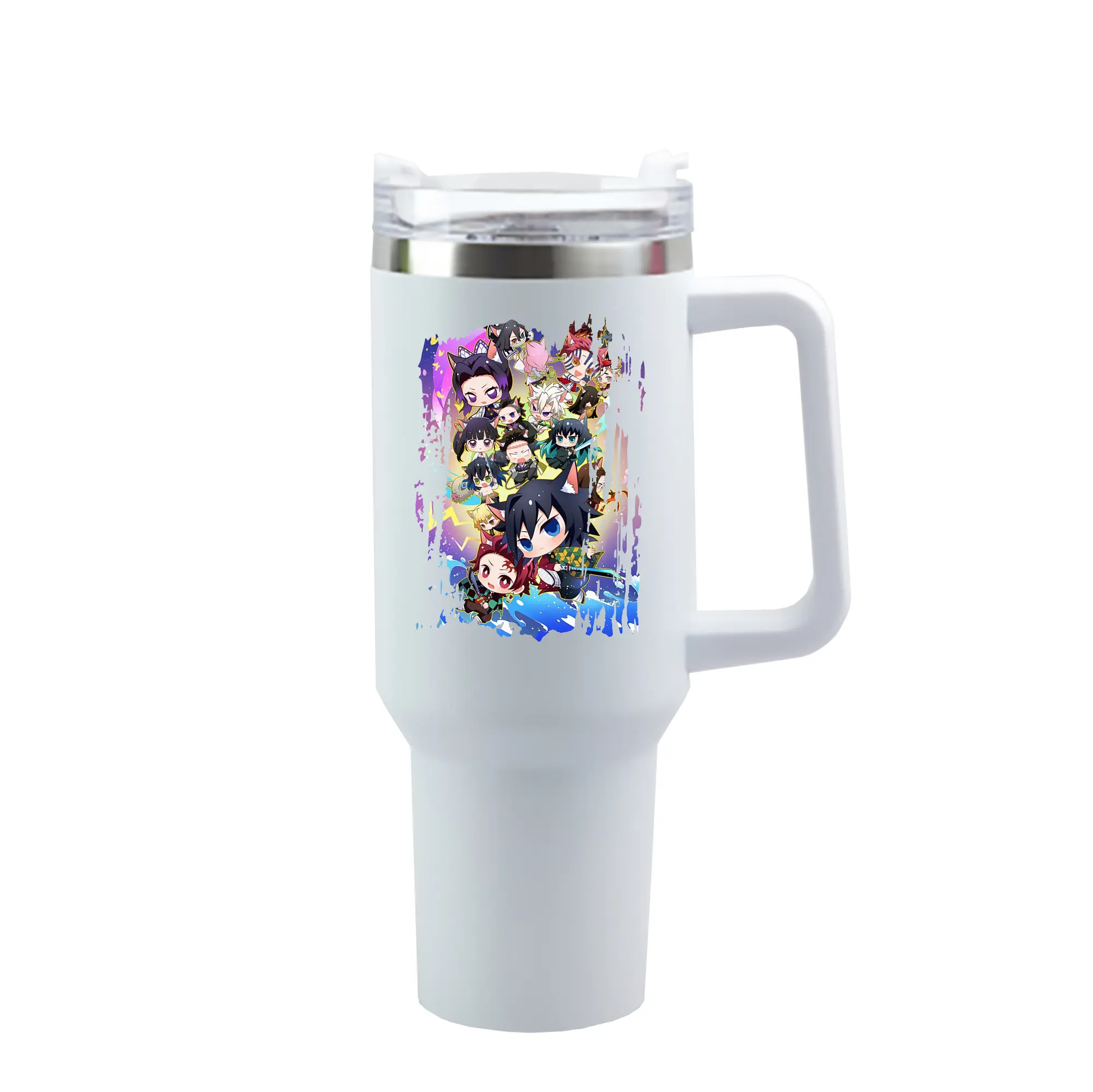 鬼滅の刃 グッズ,胡蝶 しのぶ - 1200mL 車用タンブラー ・ クリスタルステッカー ・ 304ステンレス 内側 ・ 201ステンレス 外側 ・ 保温 保冷 ・ ハンドル＆ストロー付き ・ 通勤 ドライブ アウトドア用