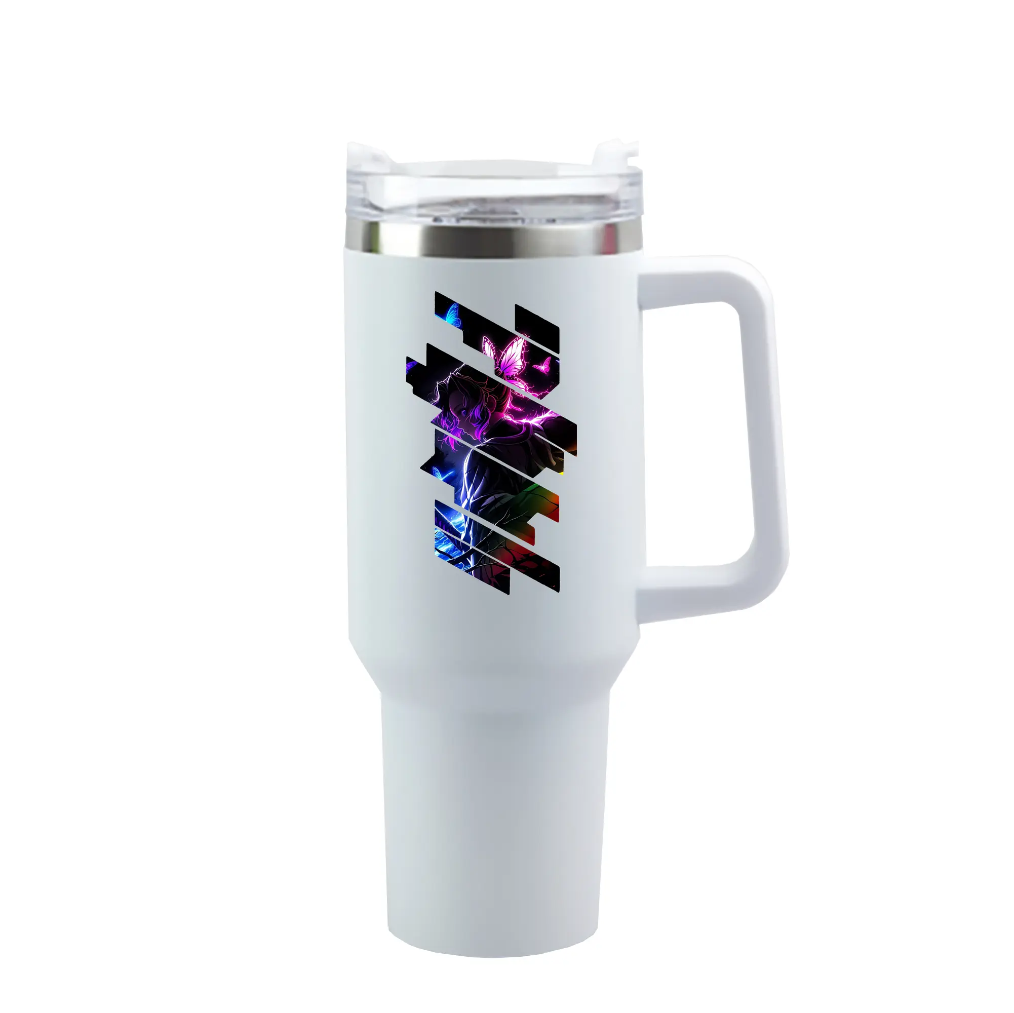 鬼滅の刃 グッズ,胡蝶 しのぶ - 1200mL 車用タンブラー ・ クリスタルステッカー ・ 304ステンレス 内側 ・ 201ステンレス 外側 ・ 保温 保冷 ・ ハンドル＆ストロー付き ・ 通勤 ドライブ アウトドア用