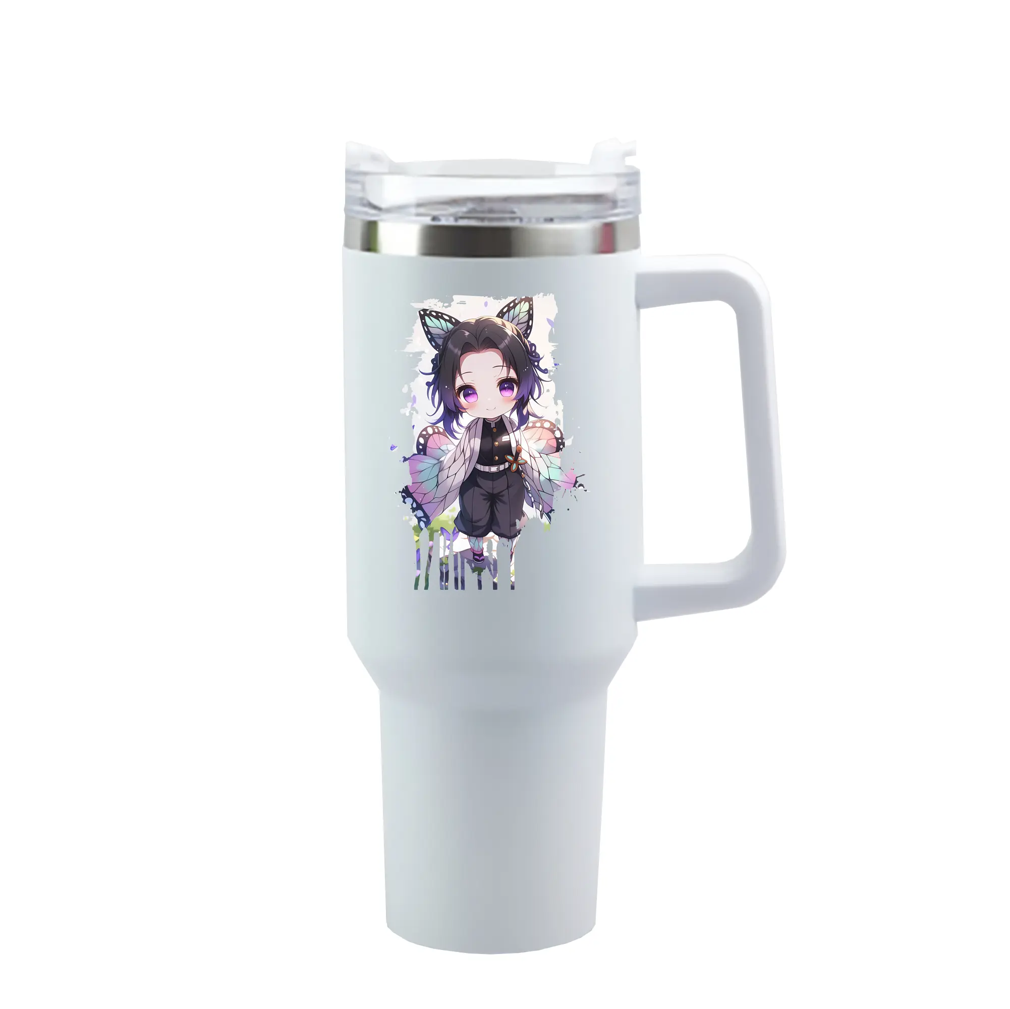 鬼滅の刃 グッズ,胡蝶 しのぶ - 1200mL 車用タンブラー ・ クリスタルステッカー ・ 304ステンレス 内側 ・ 201ステンレス 外側 ・ 保温 保冷 ・ ハンドル＆ストロー付き ・ 通勤 ドライブ アウトドア用