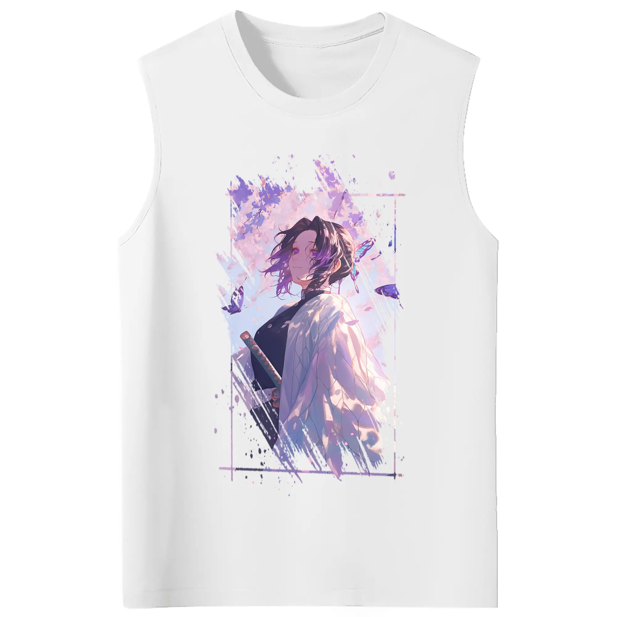 鬼滅の刃 グッズ,胡蝶 しのぶ - コットン100％ タンクトップ ・ フロントプリント ・ タイトフィット ・ 快適 通気性 ・ スポーツ カジュアル 散歩用