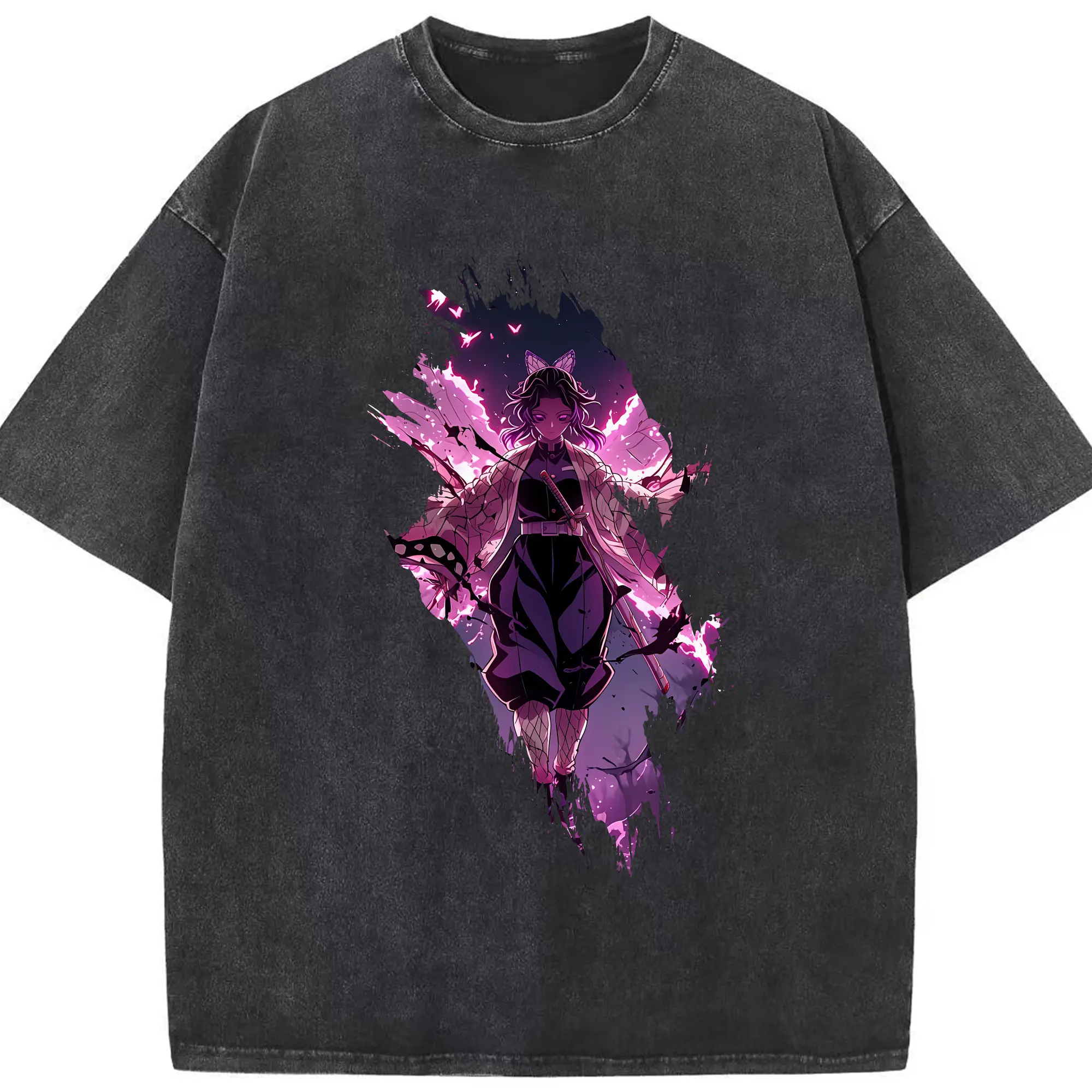 鬼滅の刃 グッズ,胡蝶 しのぶ - 綿100％ ヴィンテージ風 半袖Tシャツ ・ フロントプリント ・ 柔らか肌触り ・ 通気性 快適 ・ スポーツ カジュアル 外出用