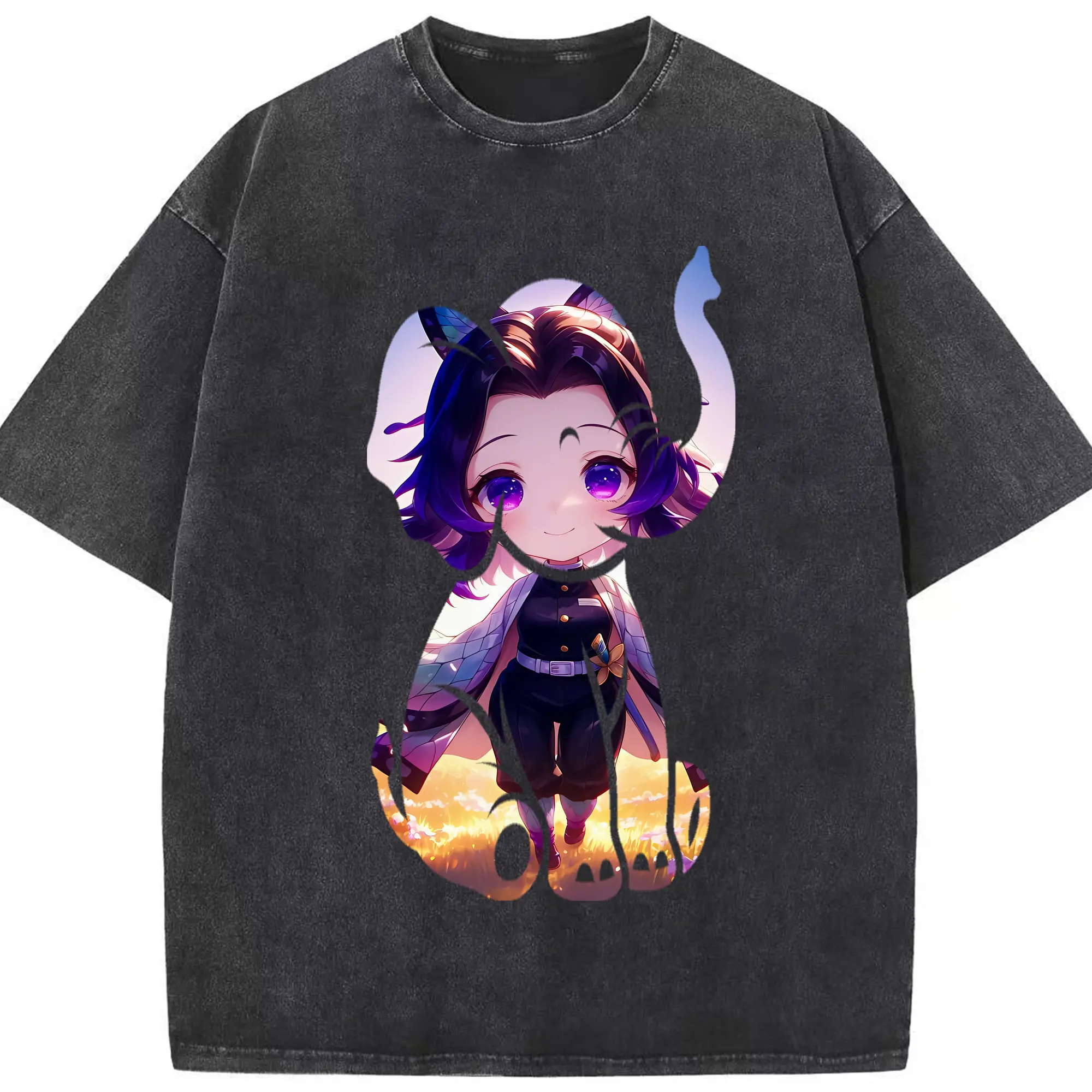 鬼滅の刃 グッズ,胡蝶 しのぶ - 綿100％ ヴィンテージ風 半袖Tシャツ ・ フロントプリント ・ 柔らか肌触り ・ 通気性 快適 ・ スポーツ カジュアル 外出用