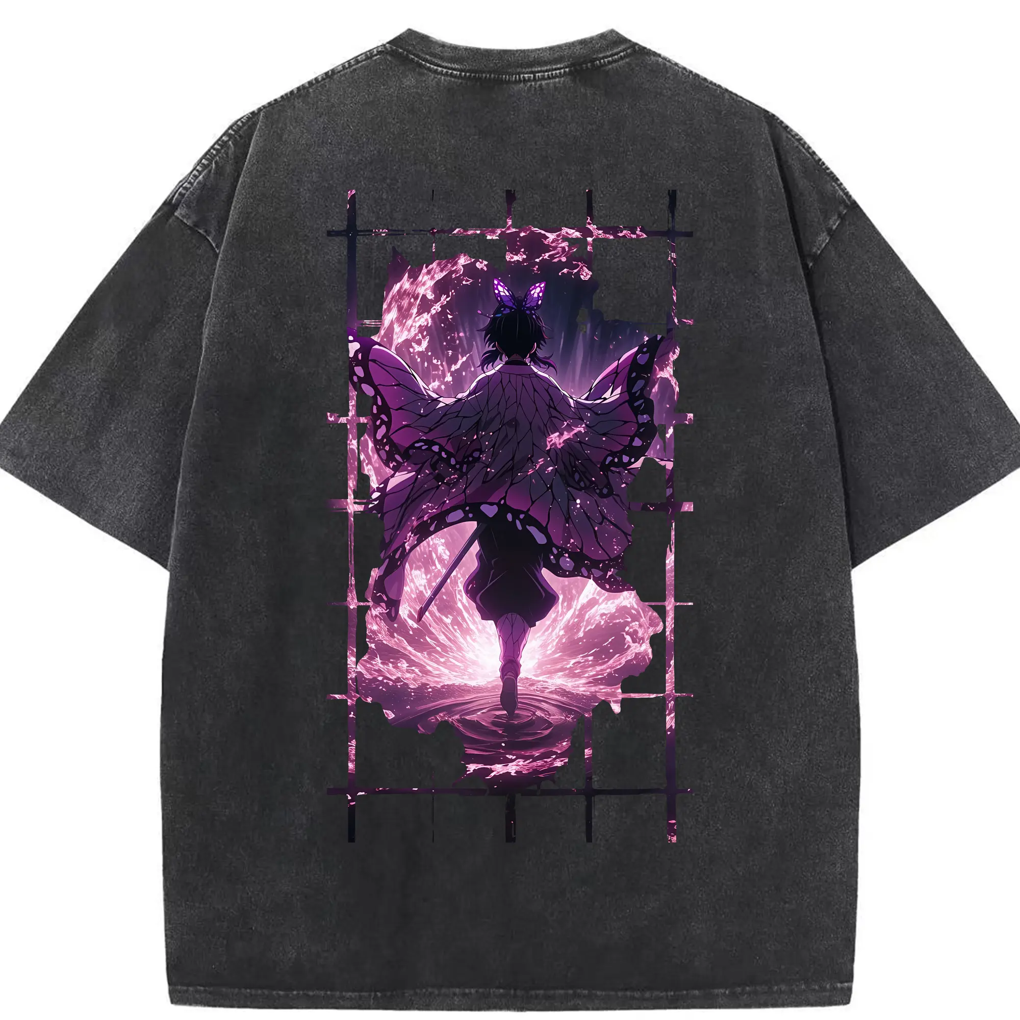 鬼滅の刃 グッズ,胡蝶 しのぶ - 綿100％ ヴィンテージ風 半袖Tシャツ ・ 背面プリント ・ 柔らか肌触り ・ 通気性 快適 ・ スポーツ カジュアル 外出用