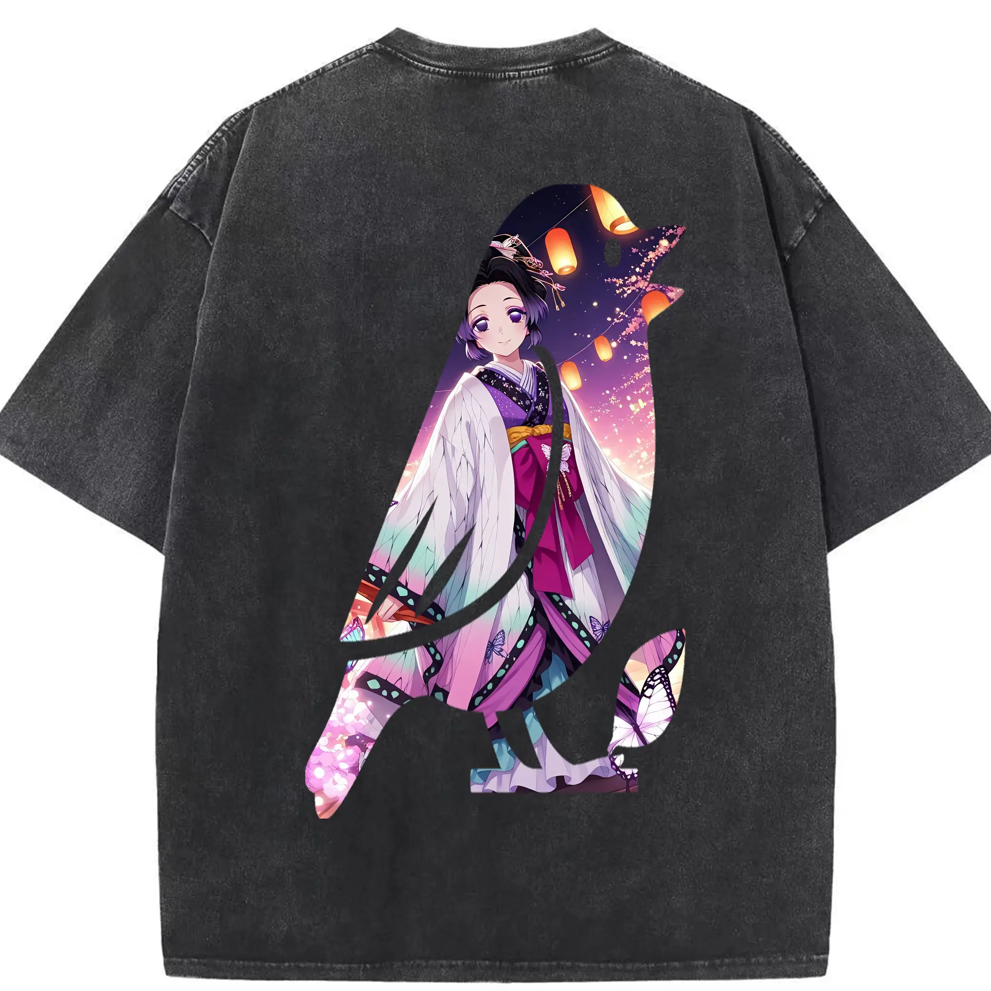 鬼滅の刃 グッズ,胡蝶 しのぶ - 綿100％ ヴィンテージ風 半袖Tシャツ ・ 背面プリント ・ 柔らか肌触り ・ 通気性 快適 ・ スポーツ カジュアル 外出用