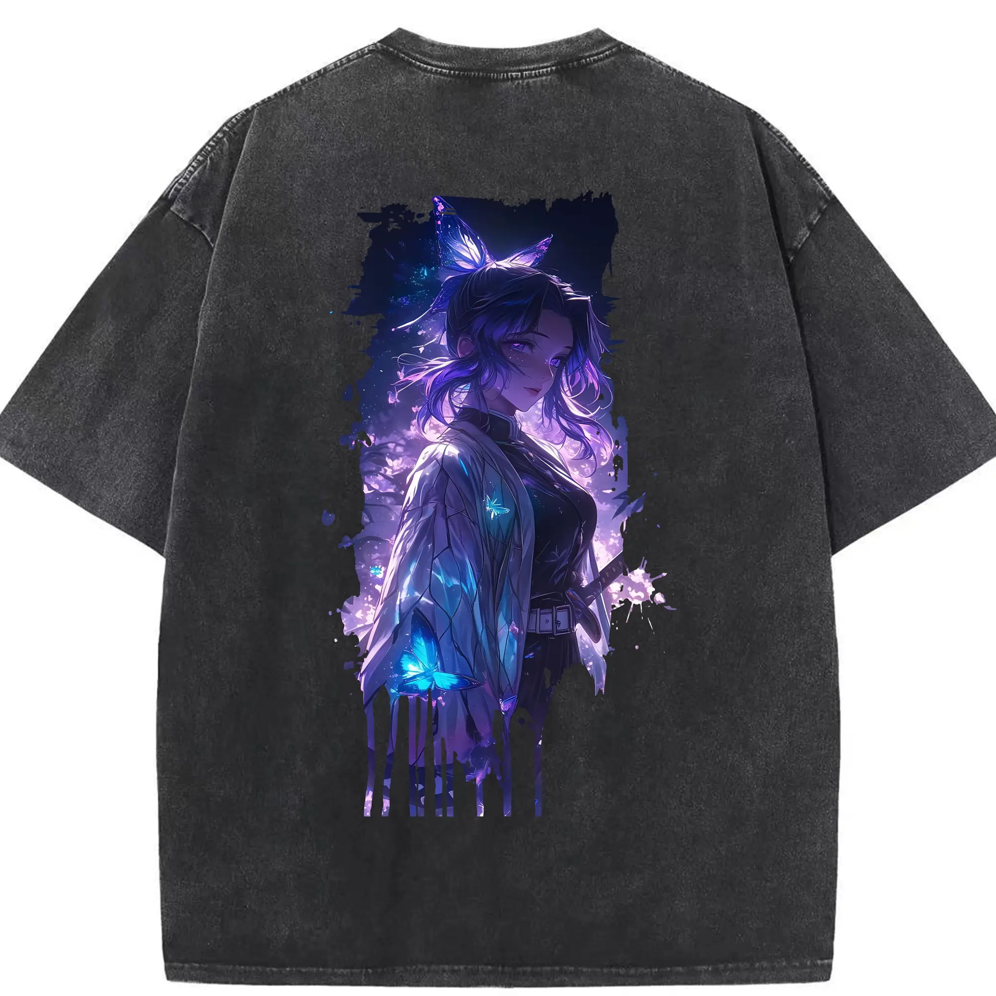 鬼滅の刃 グッズ,胡蝶 しのぶ - 綿100％ ヴィンテージ風 半袖Tシャツ ・ 背面プリント ・ 柔らか肌触り ・ 通気性 快適 ・ スポーツ カジュアル 外出用