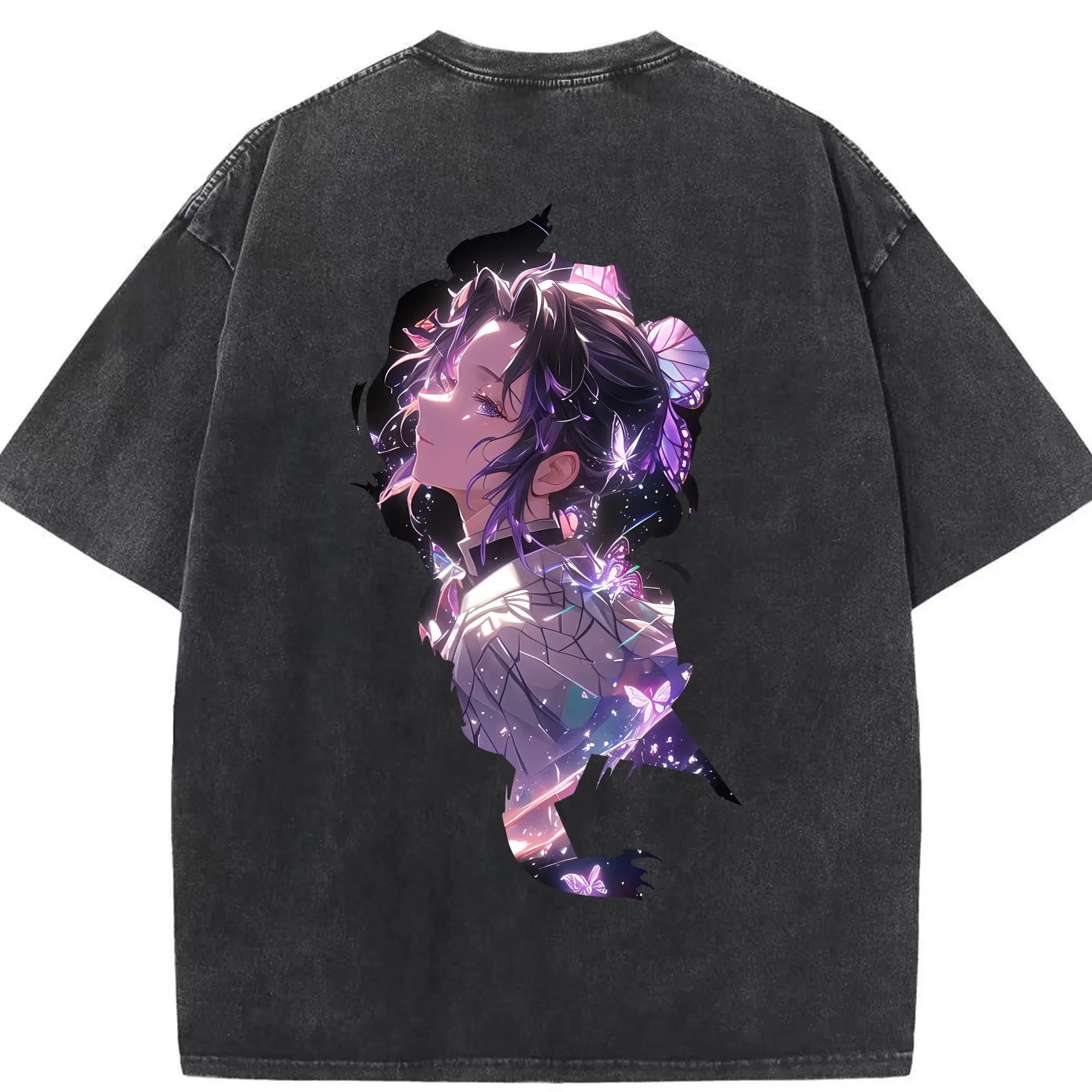 鬼滅の刃 グッズ,胡蝶 しのぶ - 綿100％ ヴィンテージ風 半袖Tシャツ ・ 背面プリント ・ 柔らか肌触り ・ 通気性 快適 ・ スポーツ カジュアル 外出用