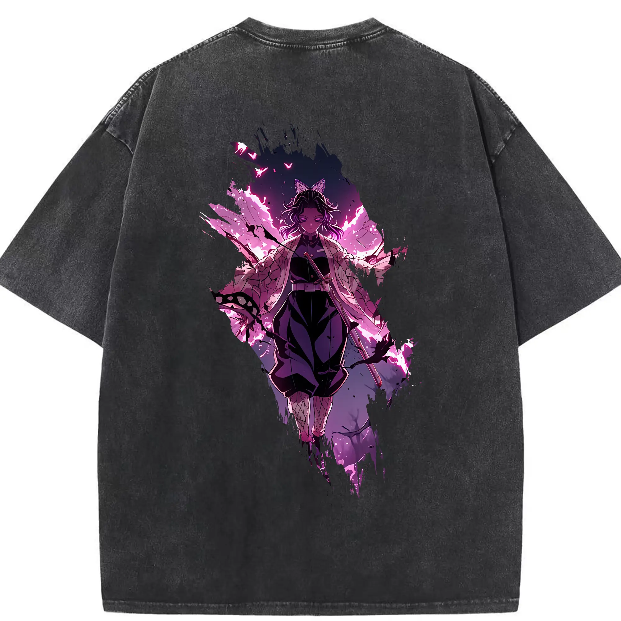 鬼滅の刃 グッズ,胡蝶 しのぶ - 綿100％ ヴィンテージ風 半袖Tシャツ ・ 背面プリント ・ 柔らか肌触り ・ 通気性 快適 ・ スポーツ カジュアル 外出用