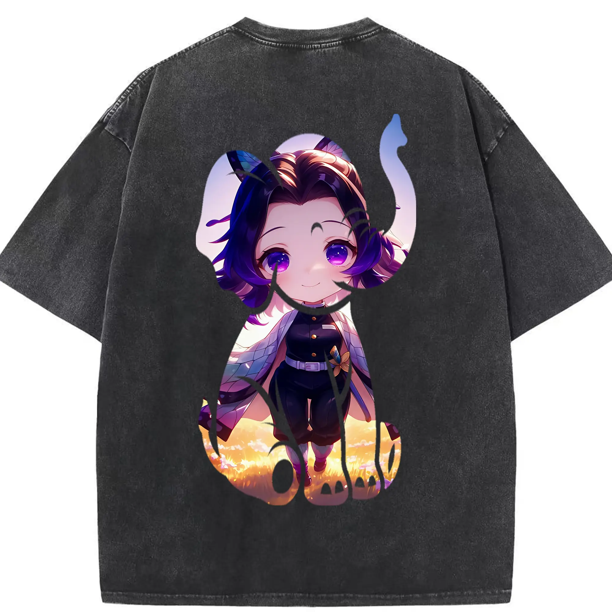 鬼滅の刃 グッズ,胡蝶 しのぶ - 綿100％ ヴィンテージ風 半袖Tシャツ ・ 背面プリント ・ 柔らか肌触り ・ 通気性 快適 ・ スポーツ カジュアル 外出用