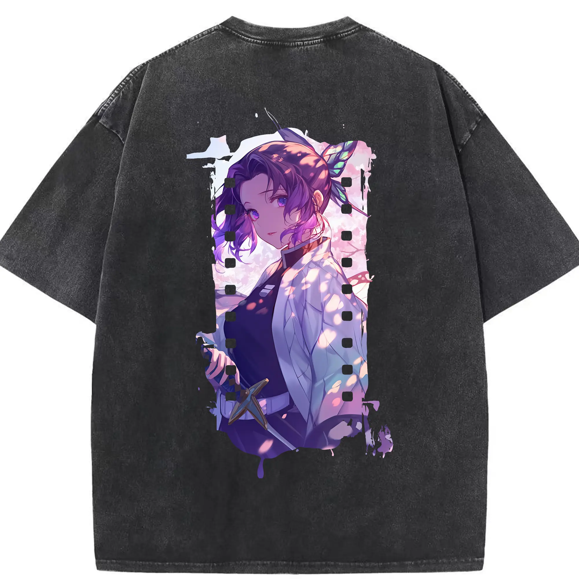 鬼滅の刃 グッズ,胡蝶 しのぶ - 綿100％ ヴィンテージ風 半袖Tシャツ ・ 背面プリント ・ 柔らか肌触り ・ 通気性 快適 ・ スポーツ カジュアル 外出用