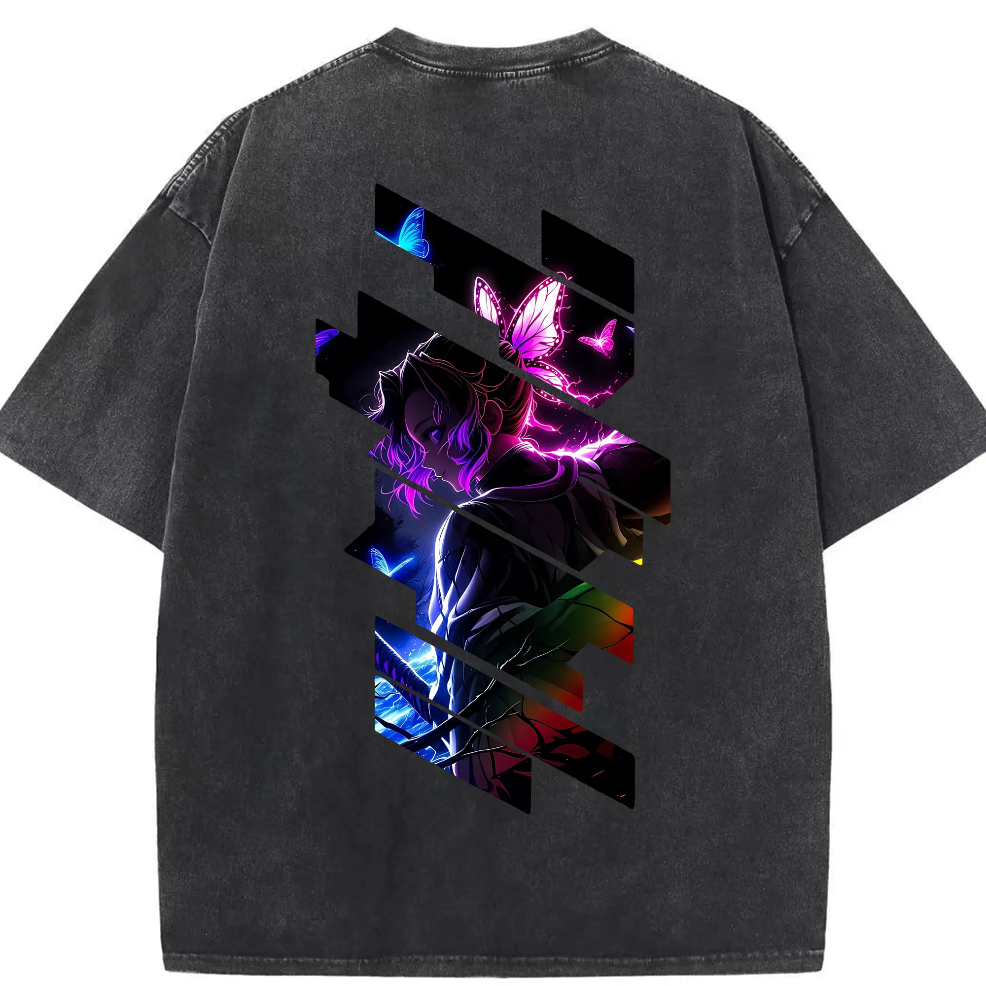 鬼滅の刃 グッズ,胡蝶 しのぶ - 綿100％ ヴィンテージ風 半袖Tシャツ ・ 背面プリント ・ 柔らか肌触り ・ 通気性 快適 ・ スポーツ カジュアル 外出用