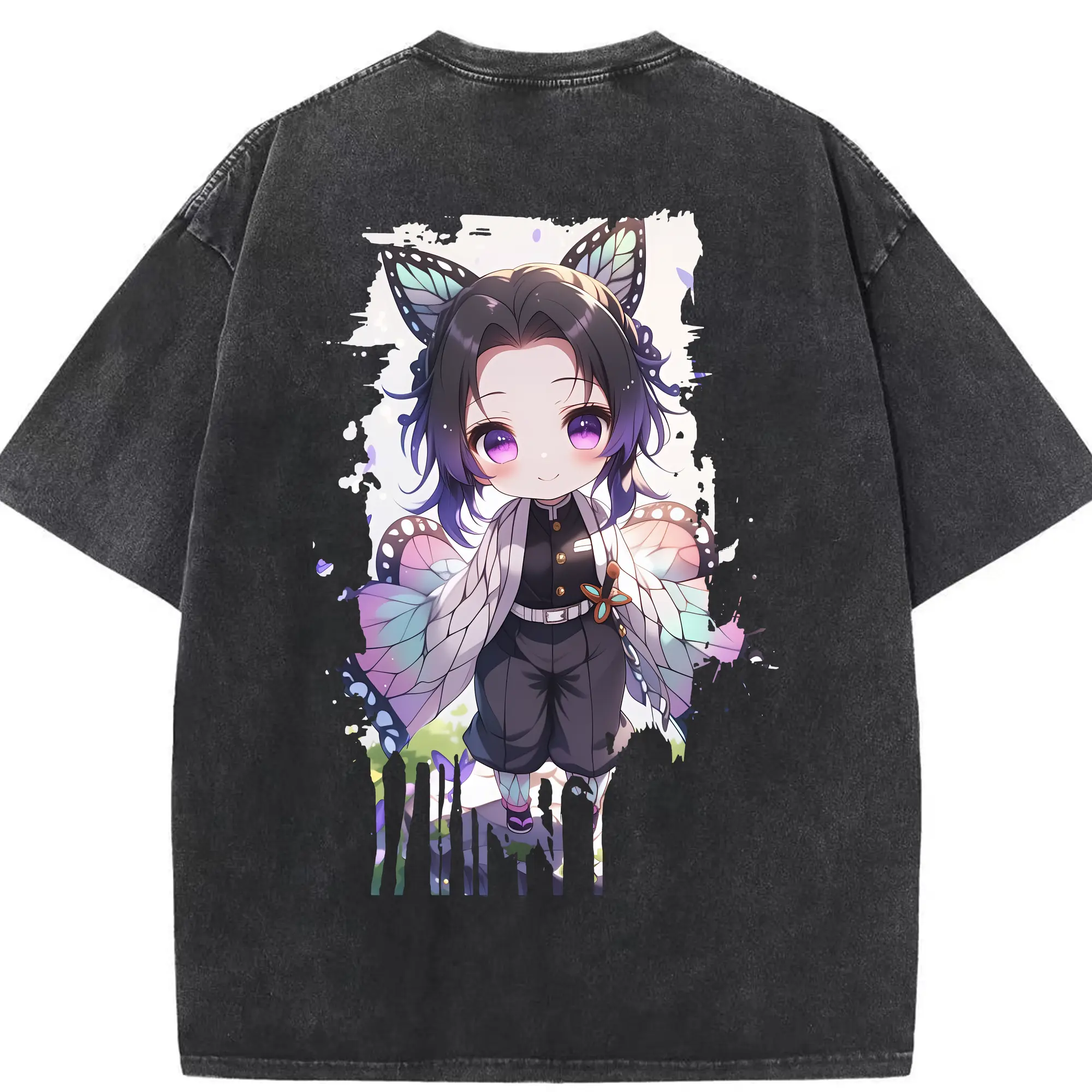 鬼滅の刃 グッズ,胡蝶 しのぶ - 綿100％ ヴィンテージ風 半袖Tシャツ ・ 背面プリント ・ 柔らか肌触り ・ 通気性 快適 ・ スポーツ カジュアル 外出用