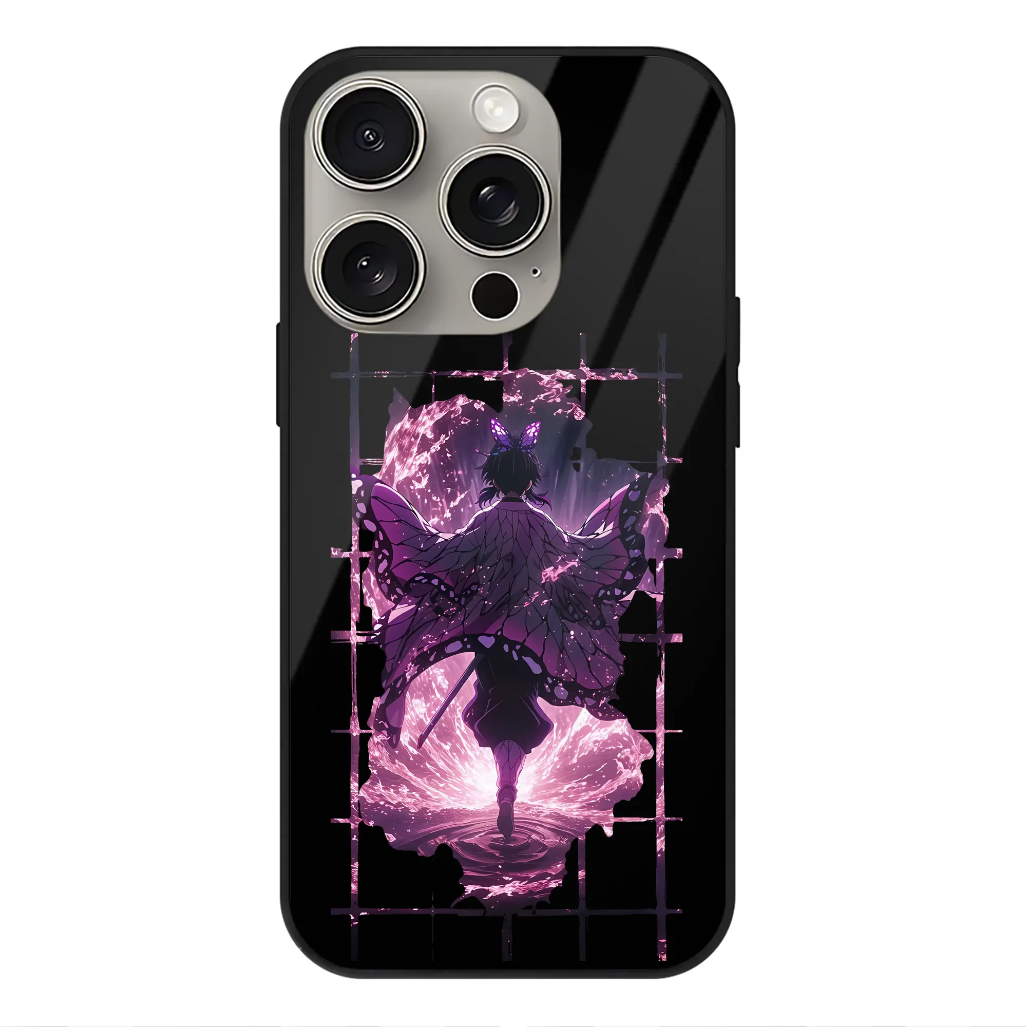 鬼滅の刃 グッズ,胡蝶 しのぶ - IPhone15Pro対応 ・ スマホケース ・ 背面ガラス ・ TPU+強化ガラス ・ 耐衝撃 ・ 黄変防止 ・ ワイヤレス充電対応 ・ 3D立体ボタン