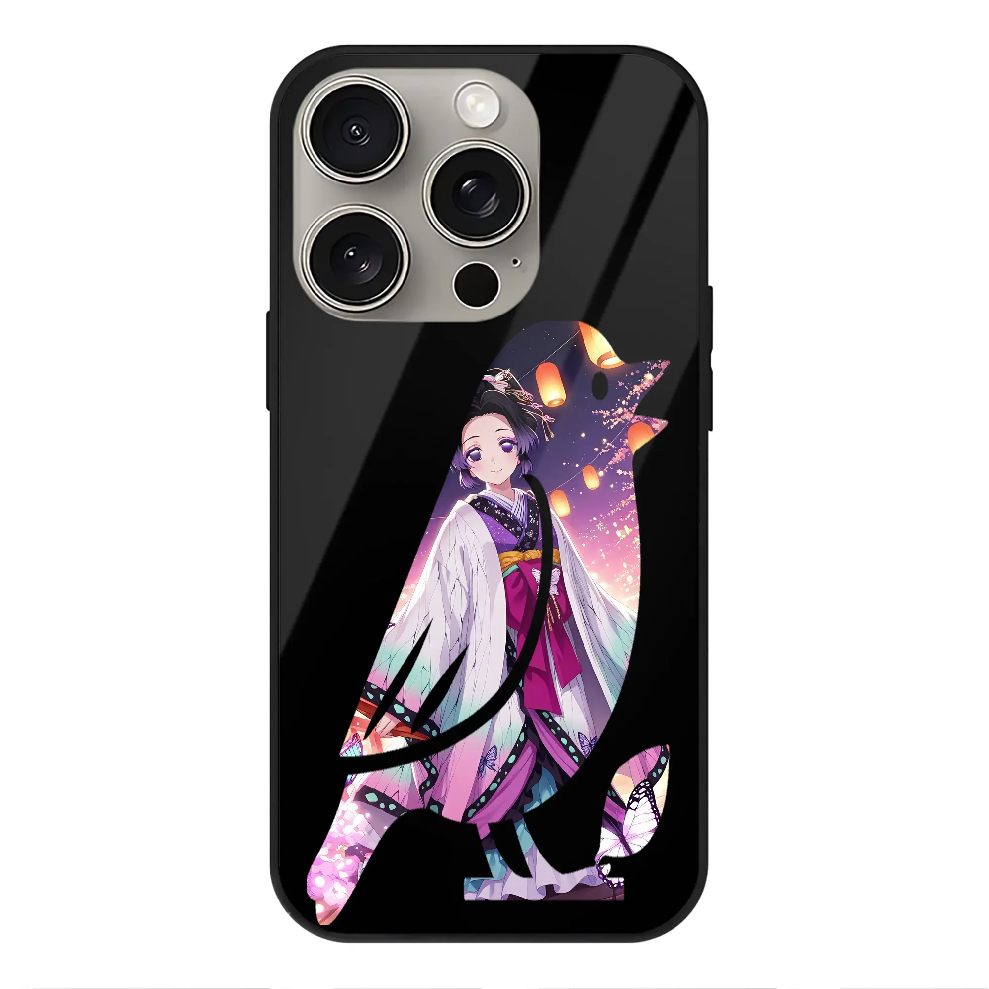 鬼滅の刃 グッズ,胡蝶 しのぶ - IPhone15Pro対応 ・ スマホケース ・ 背面ガラス ・ TPU+強化ガラス ・ 耐衝撃 ・ 黄変防止 ・ ワイヤレス充電対応 ・ 3D立体ボタン