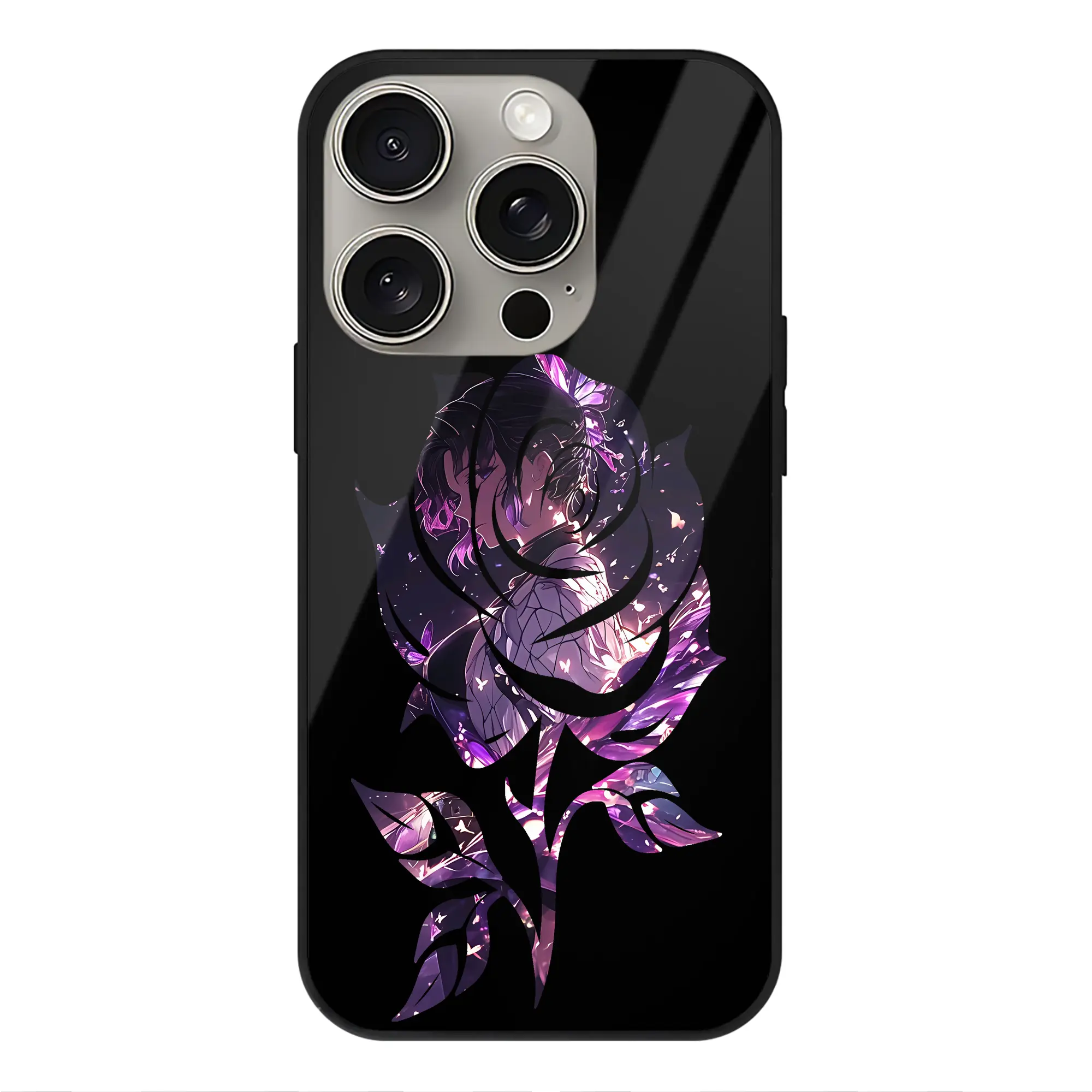 鬼滅の刃 グッズ,胡蝶 しのぶ - IPhone15Pro対応 ・ スマホケース ・ 背面ガラス ・ TPU+強化ガラス ・ 耐衝撃 ・ 黄変防止 ・ ワイヤレス充電対応 ・ 3D立体ボタン