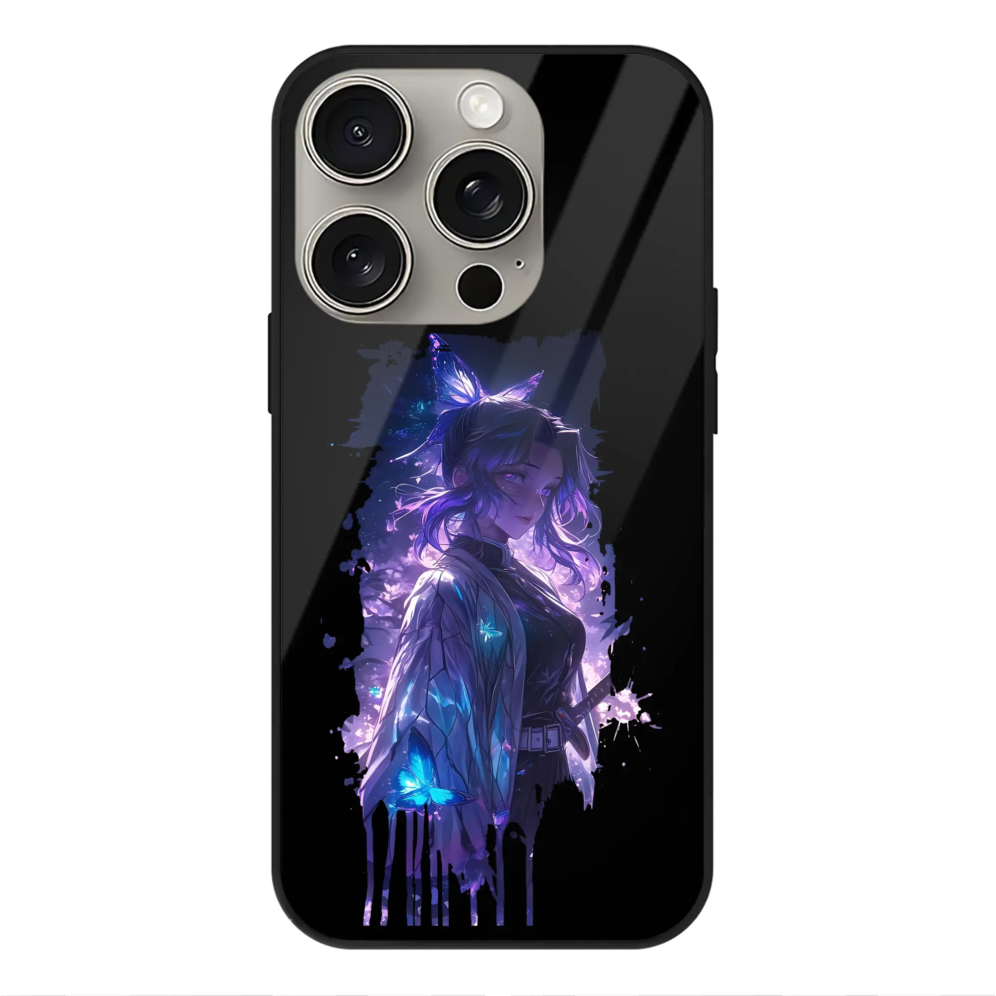 鬼滅の刃 グッズ,胡蝶 しのぶ - IPhone15Pro対応 ・ スマホケース ・ 背面ガラス ・ TPU+強化ガラス ・ 耐衝撃 ・ 黄変防止 ・ ワイヤレス充電対応 ・ 3D立体ボタン