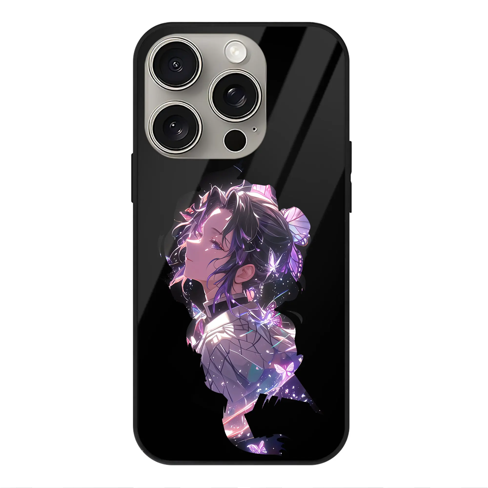 鬼滅の刃 グッズ,胡蝶 しのぶ - IPhone15Pro対応 ・ スマホケース ・ 背面ガラス ・ TPU+強化ガラス ・ 耐衝撃 ・ 黄変防止 ・ ワイヤレス充電対応 ・ 3D立体ボタン