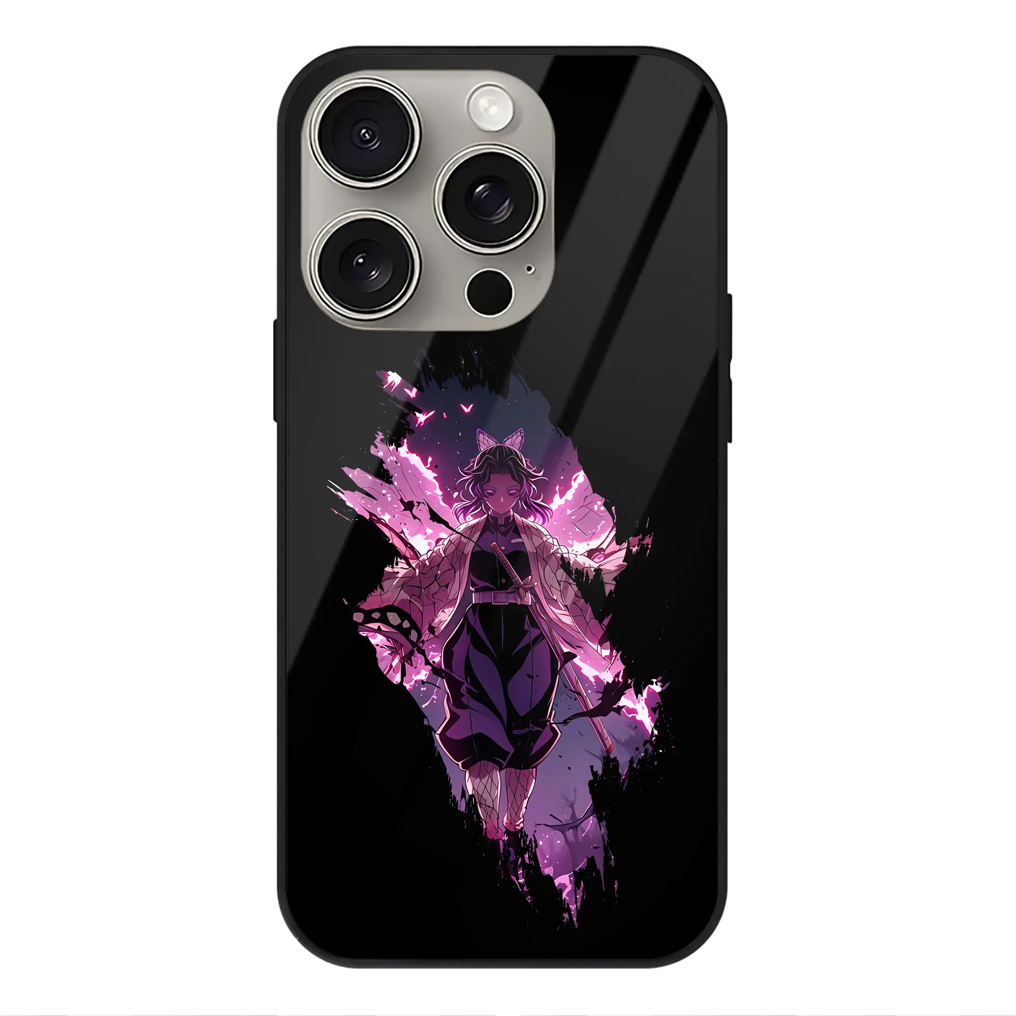 鬼滅の刃 グッズ,胡蝶 しのぶ - IPhone15Pro対応 ・ スマホケース ・ 背面ガラス ・ TPU+強化ガラス ・ 耐衝撃 ・ 黄変防止 ・ ワイヤレス充電対応 ・ 3D立体ボタン