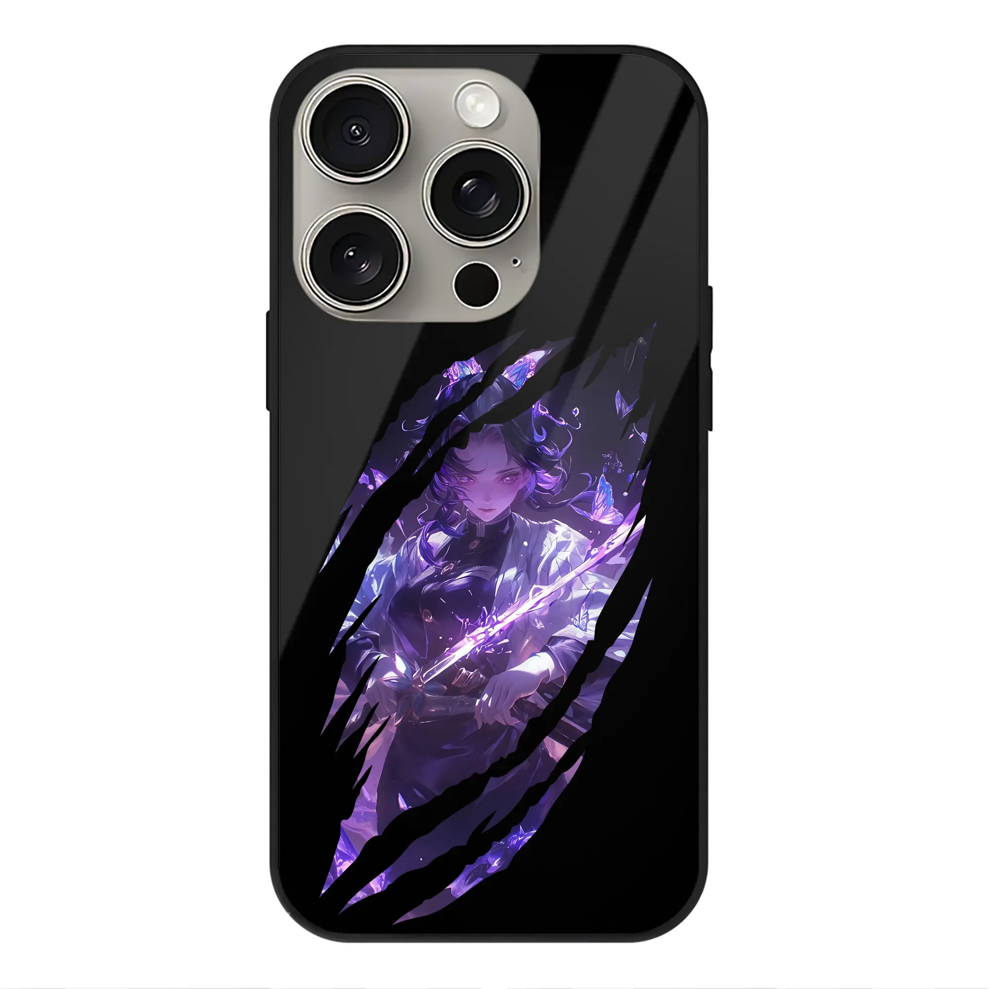 鬼滅の刃 グッズ,胡蝶 しのぶ - IPhone15Pro対応 ・ スマホケース ・ 背面ガラス ・ TPU+強化ガラス ・ 耐衝撃 ・ 黄変防止 ・ ワイヤレス充電対応 ・ 3D立体ボタン