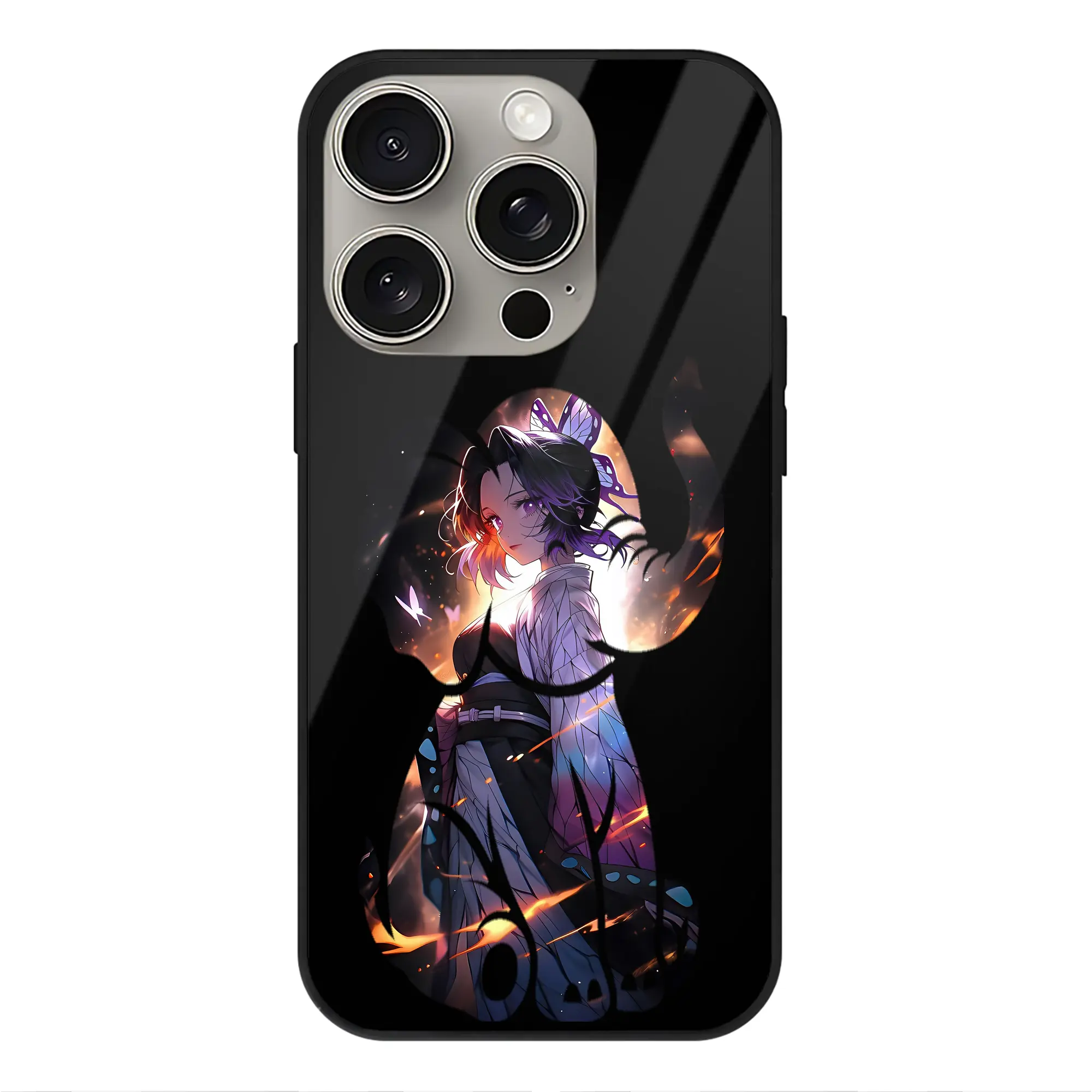 鬼滅の刃 グッズ,胡蝶 しのぶ - IPhone15Pro対応 ・ スマホケース ・ 背面ガラス ・ TPU+強化ガラス ・ 耐衝撃 ・ 黄変防止 ・ ワイヤレス充電対応 ・ 3D立体ボタン