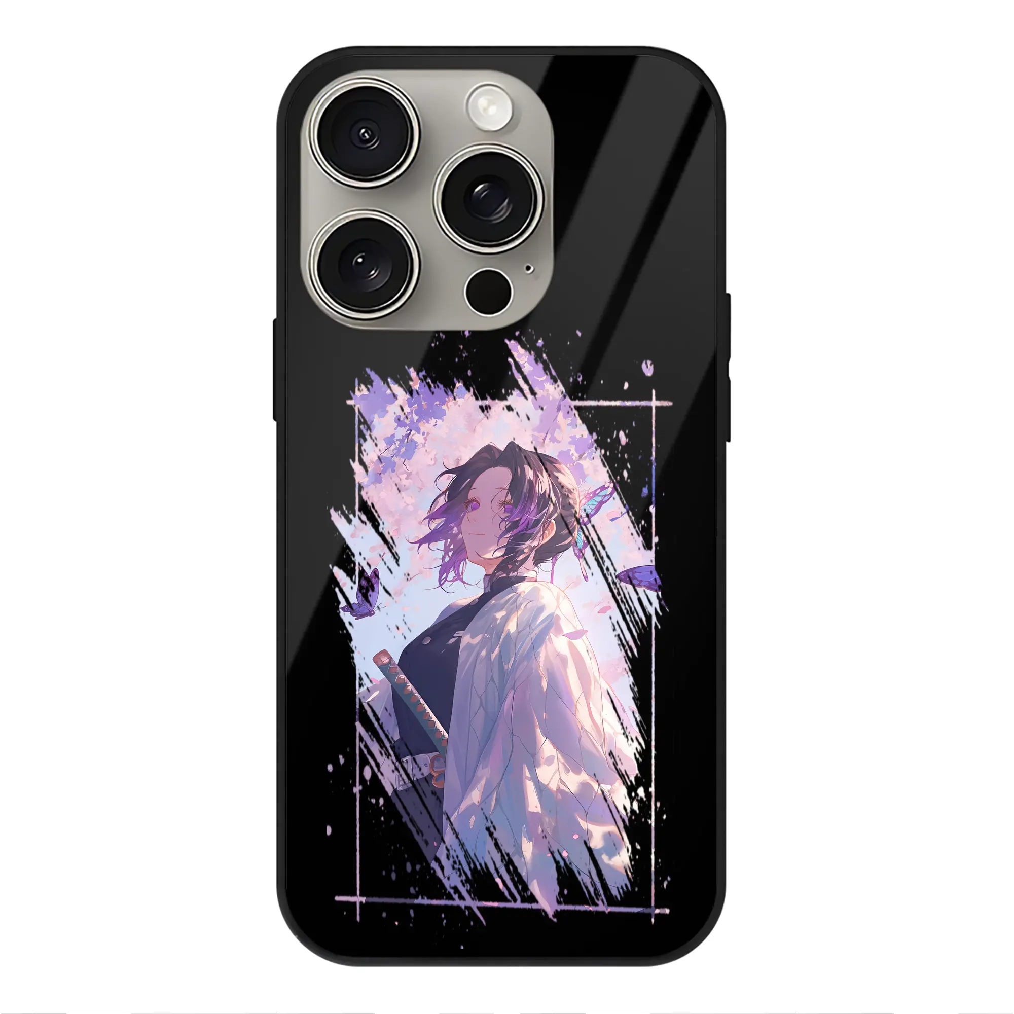 鬼滅の刃 グッズ,胡蝶 しのぶ - IPhone15Pro対応 ・ スマホケース ・ 背面ガラス ・ TPU+強化ガラス ・ 耐衝撃 ・ 黄変防止 ・ ワイヤレス充電対応 ・ 3D立体ボタン