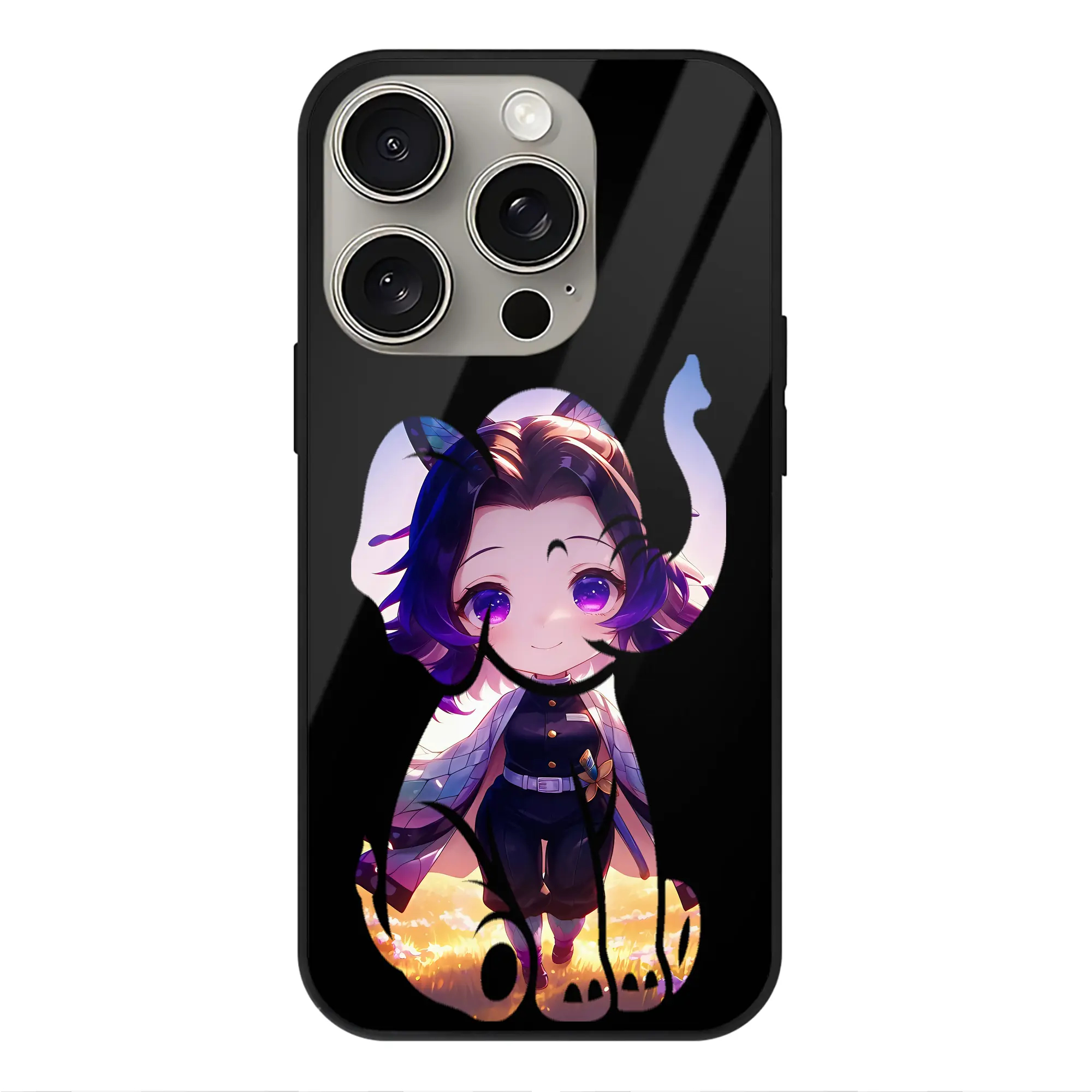 鬼滅の刃 グッズ,胡蝶 しのぶ - IPhone15Pro対応 ・ スマホケース ・ 背面ガラス ・ TPU+強化ガラス ・ 耐衝撃 ・ 黄変防止 ・ ワイヤレス充電対応 ・ 3D立体ボタン