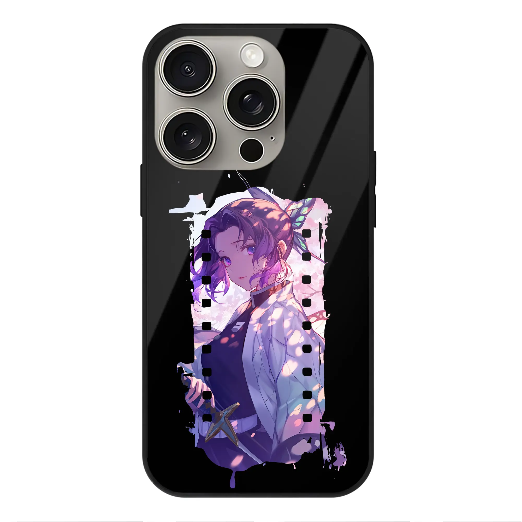 鬼滅の刃 グッズ,胡蝶 しのぶ - IPhone15Pro対応 ・ スマホケース ・ 背面ガラス ・ TPU+強化ガラス ・ 耐衝撃 ・ 黄変防止 ・ ワイヤレス充電対応 ・ 3D立体ボタン