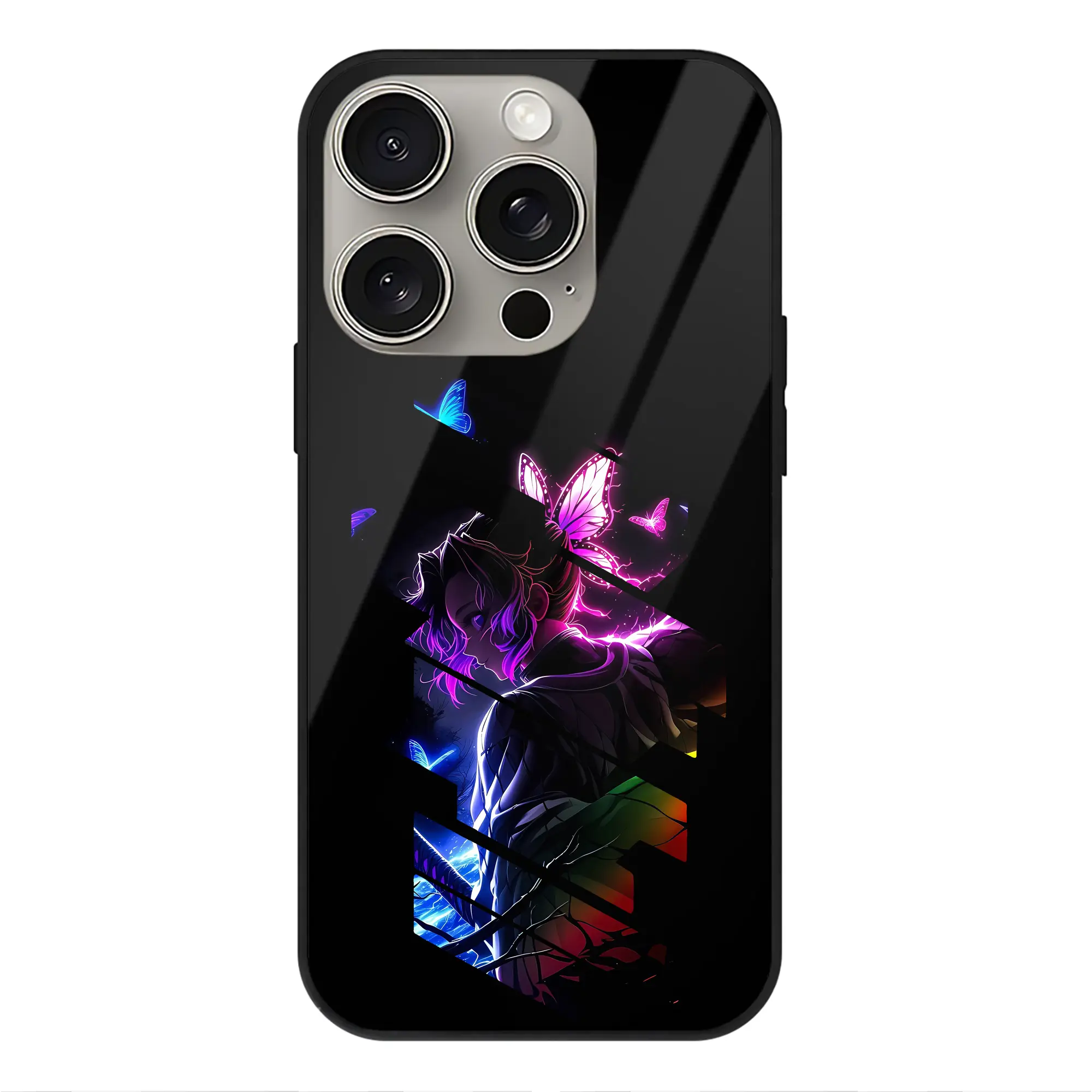 鬼滅の刃 グッズ,胡蝶 しのぶ - IPhone15Pro対応 ・ スマホケース ・ 背面ガラス ・ TPU+強化ガラス ・ 耐衝撃 ・ 黄変防止 ・ ワイヤレス充電対応 ・ 3D立体ボタン