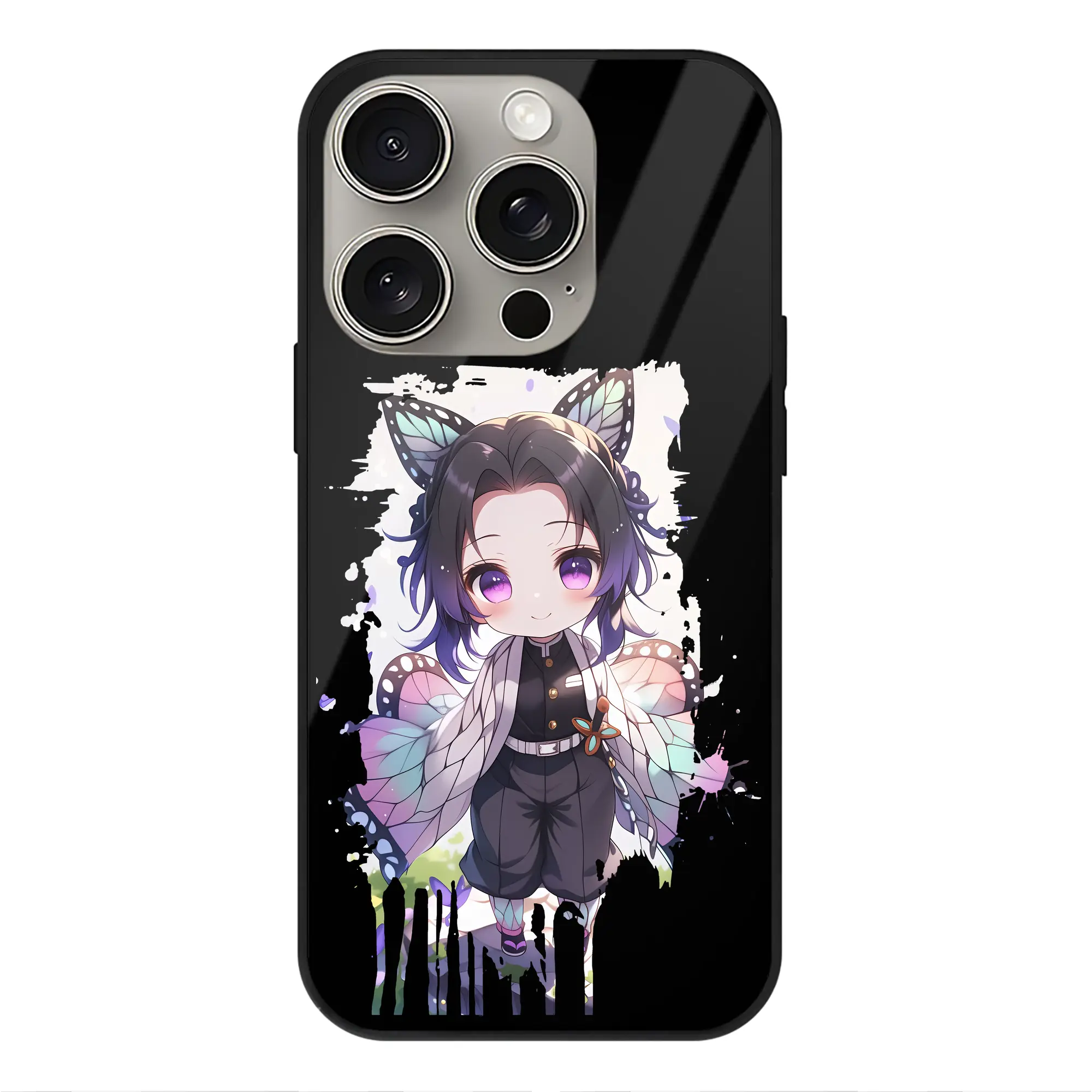 鬼滅の刃 グッズ,胡蝶 しのぶ - IPhone15Pro対応 ・ スマホケース ・ 背面ガラス ・ TPU+強化ガラス ・ 耐衝撃 ・ 黄変防止 ・ ワイヤレス充電対応 ・ 3D立体ボタン