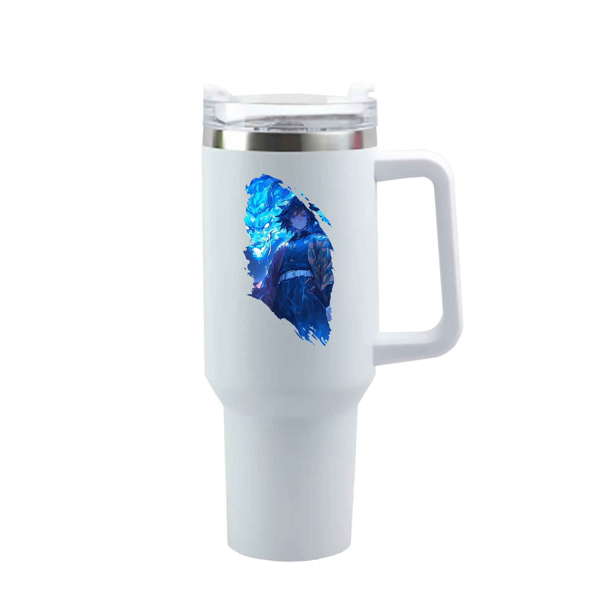 鬼滅の刃 グッズ,冨岡 義勇 - 1200mL 車用タンブラー ・ クリスタルステッカー ・ 304ステンレス 内側 ・ 201ステンレス 外側 ・ 保温 保冷 ・ ハンドル＆ストロー付き ・ 通勤 ドライブ アウトドア用