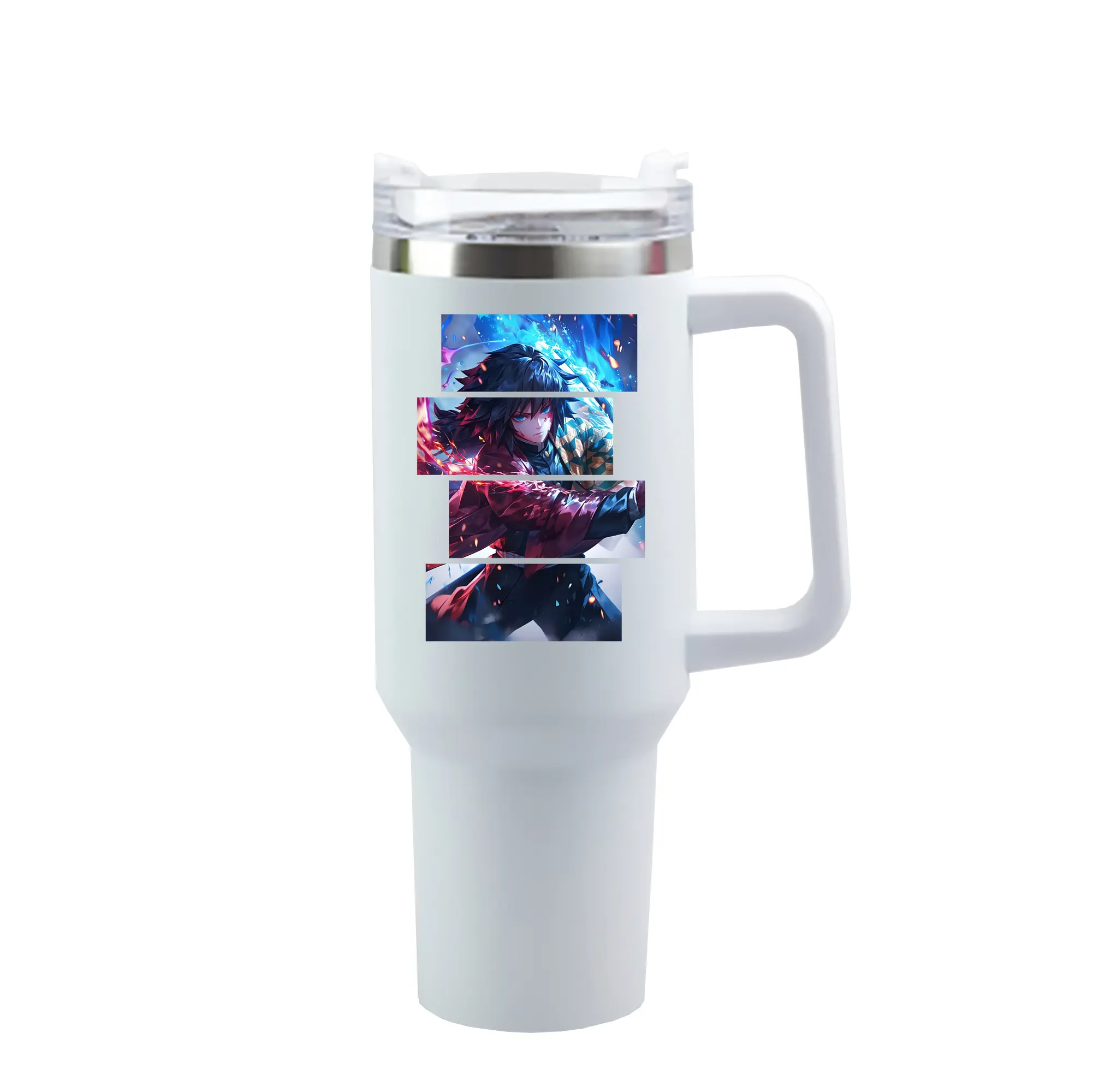 鬼滅の刃 グッズ,冨岡 義勇 - 1200mL 車用タンブラー ・ クリスタルステッカー ・ 304ステンレス 内側 ・ 201ステンレス 外側 ・ 保温 保冷 ・ ハンドル＆ストロー付き ・ 通勤 ドライブ アウトドア用