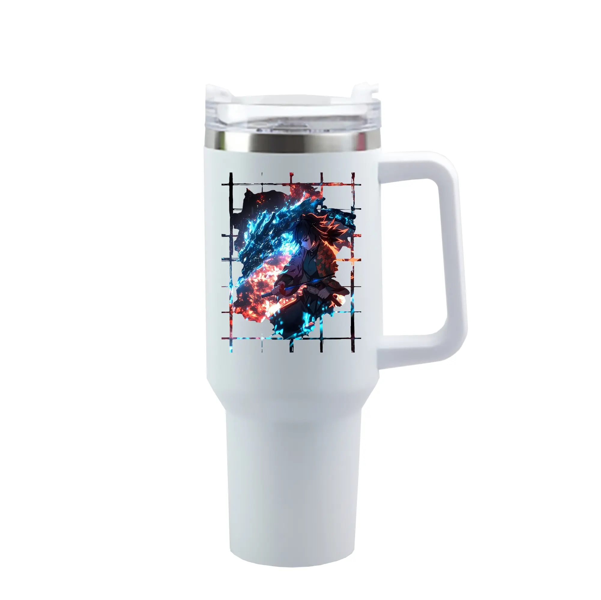 鬼滅の刃 グッズ,冨岡 義勇 - 1200mL 車用タンブラー ・ クリスタルステッカー ・ 304ステンレス 内側 ・ 201ステンレス 外側 ・ 保温 保冷 ・ ハンドル＆ストロー付き ・ 通勤 ドライブ アウトドア用