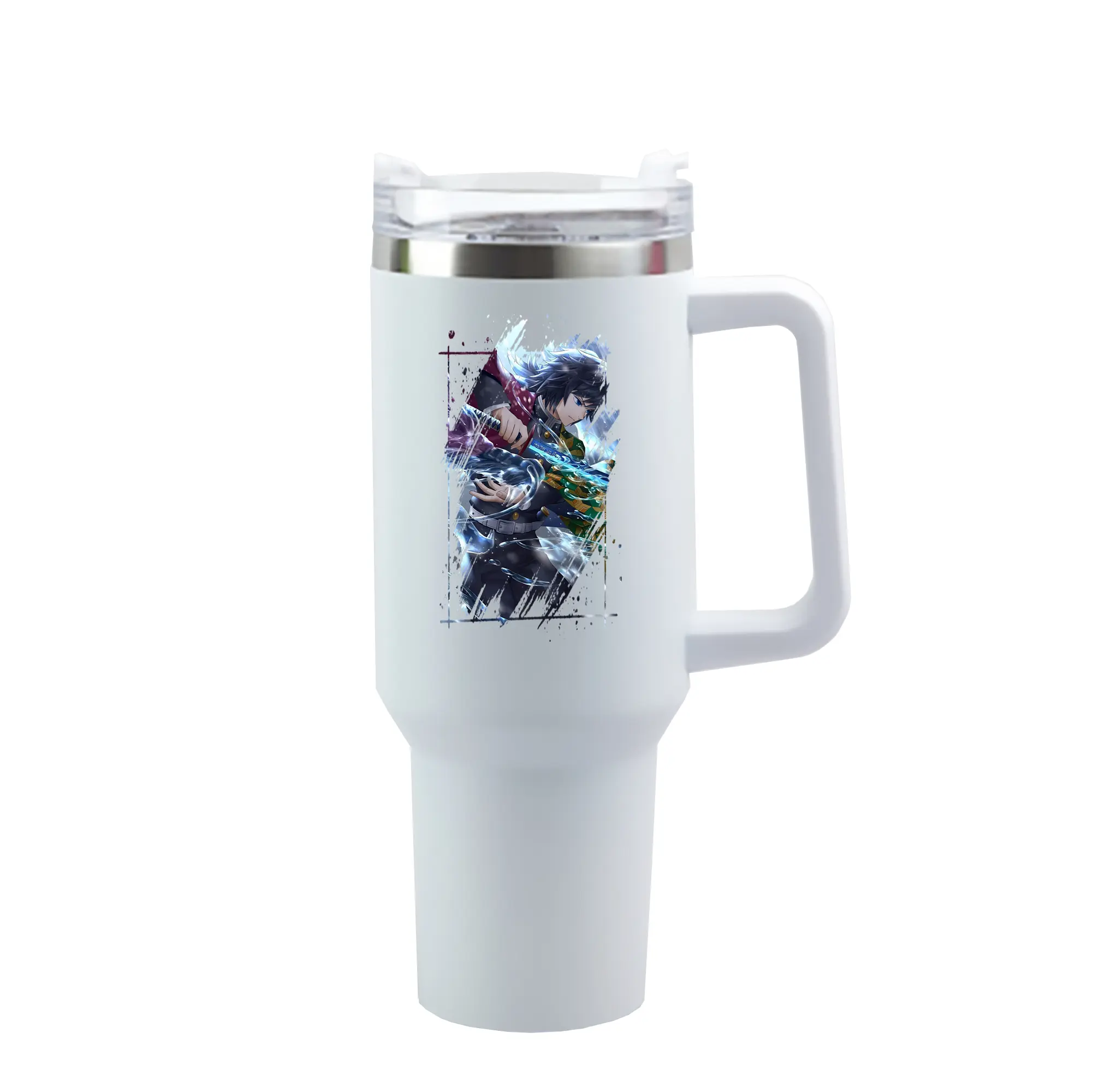 鬼滅の刃 グッズ,冨岡 義勇 - 1200mL 車用タンブラー ・ クリスタルステッカー ・ 304ステンレス 内側 ・ 201ステンレス 外側 ・ 保温 保冷 ・ ハンドル＆ストロー付き ・ 通勤 ドライブ アウトドア用