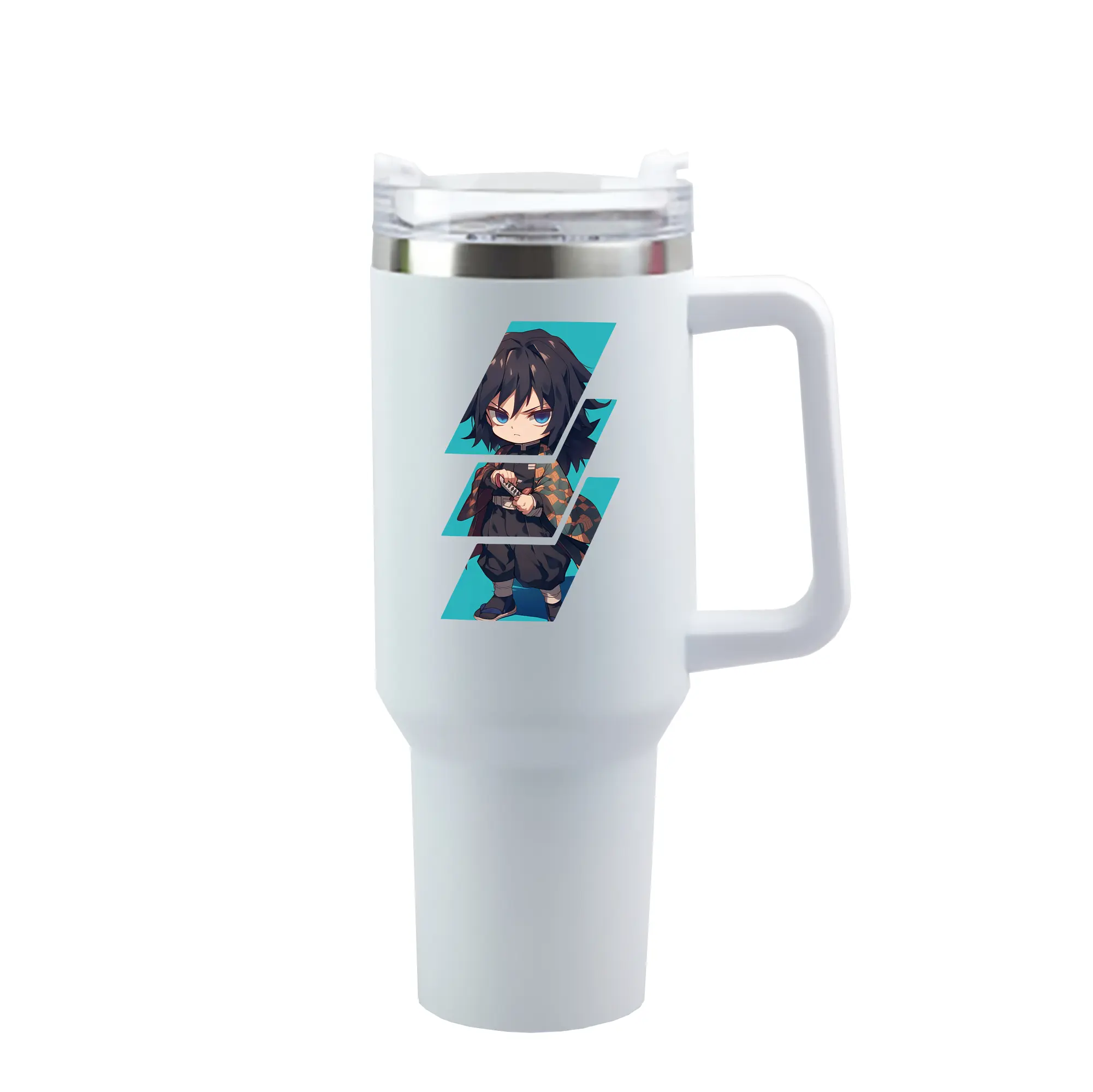 鬼滅の刃 グッズ,冨岡 義勇 - 1200mL 車用タンブラー ・ クリスタルステッカー ・ 304ステンレス 内側 ・ 201ステンレス 外側 ・ 保温 保冷 ・ ハンドル＆ストロー付き ・ 通勤 ドライブ アウトドア用