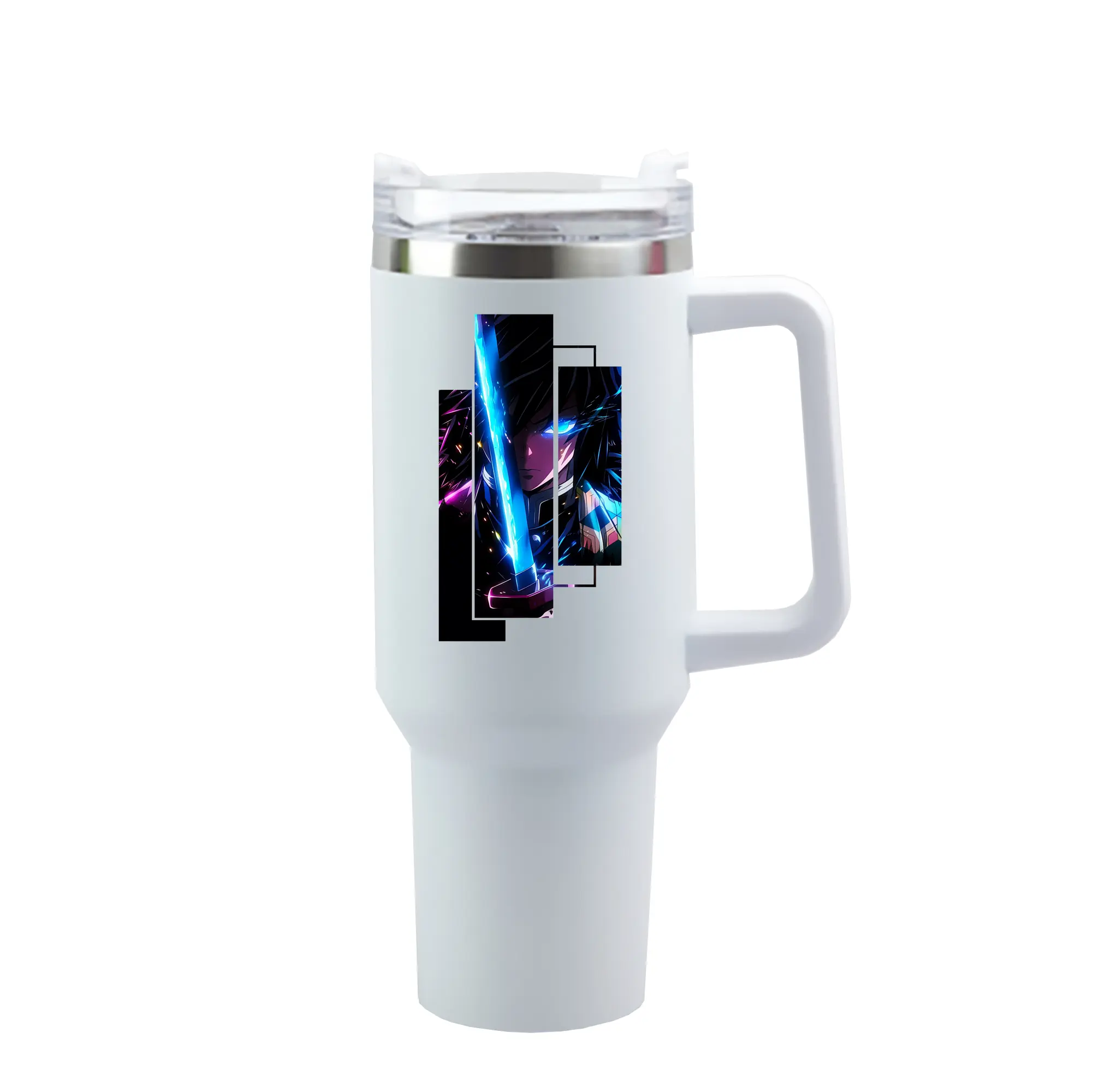 鬼滅の刃 グッズ,冨岡 義勇 - 1200mL 車用タンブラー ・ クリスタルステッカー ・ 304ステンレス 内側 ・ 201ステンレス 外側 ・ 保温 保冷 ・ ハンドル＆ストロー付き ・ 通勤 ドライブ アウトドア用