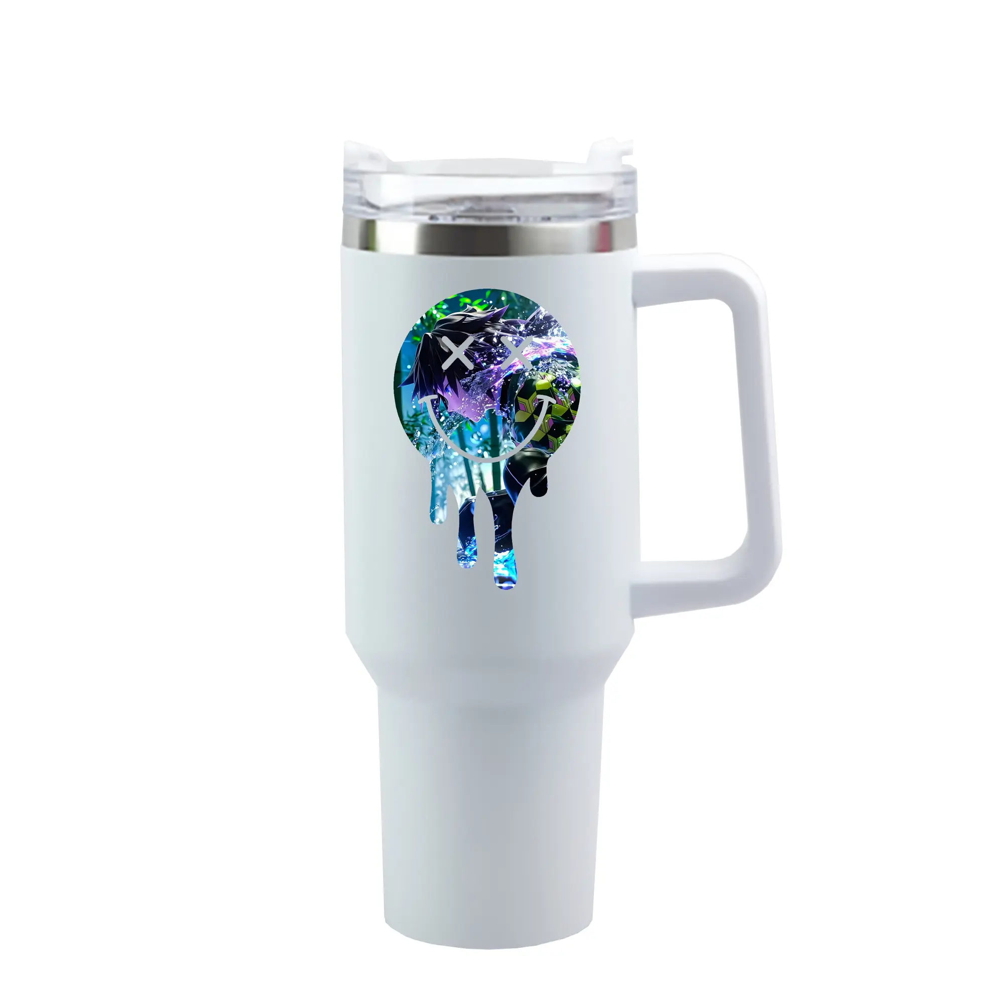 鬼滅の刃 グッズ,冨岡 義勇 - 1200mL 車用タンブラー ・ クリスタルステッカー ・ 304ステンレス 内側 ・ 201ステンレス 外側 ・ 保温 保冷 ・ ハンドル＆ストロー付き ・ 通勤 ドライブ アウトドア用