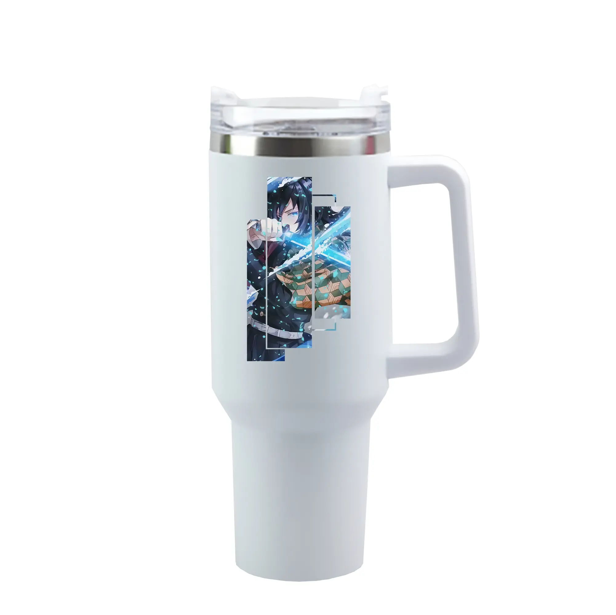 鬼滅の刃 グッズ,冨岡 義勇 - 1200mL 車用タンブラー ・ クリスタルステッカー ・ 304ステンレス 内側 ・ 201ステンレス 外側 ・ 保温 保冷 ・ ハンドル＆ストロー付き ・ 通勤 ドライブ アウトドア用