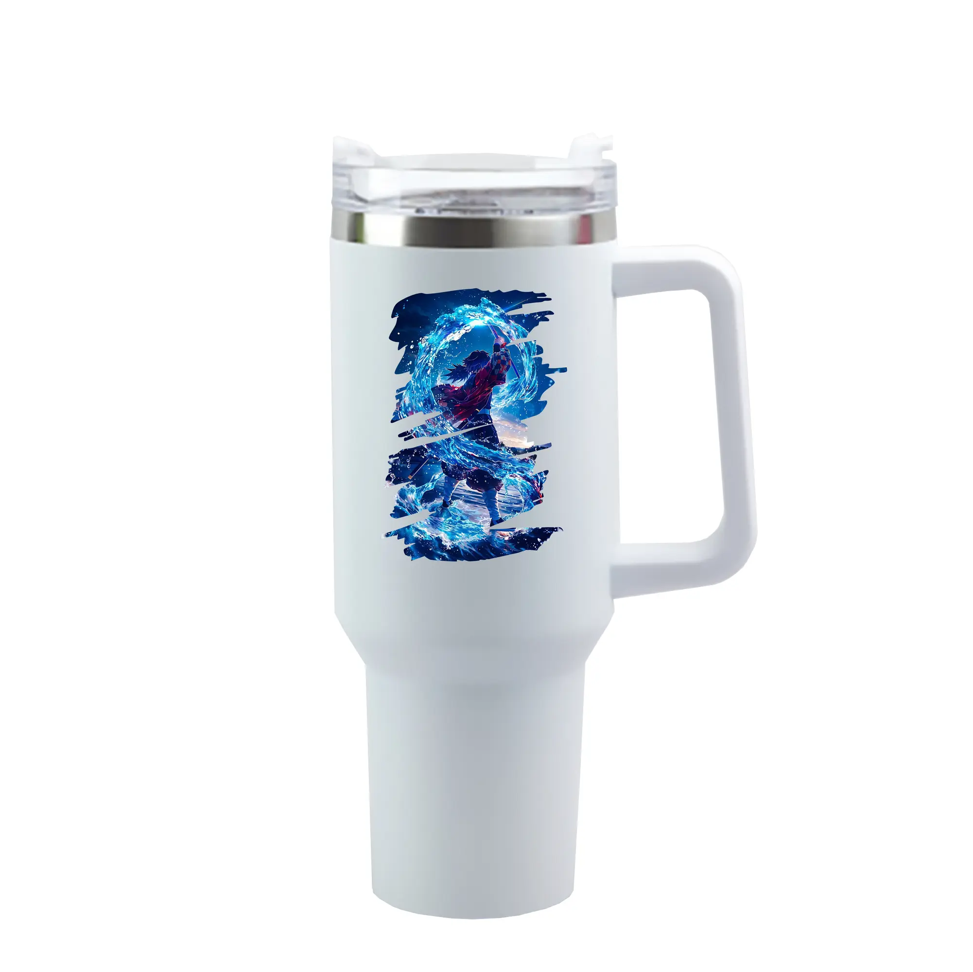 鬼滅の刃 グッズ,冨岡 義勇 - 1200mL 車用タンブラー ・ クリスタルステッカー ・ 304ステンレス 内側 ・ 201ステンレス 外側 ・ 保温 保冷 ・ ハンドル＆ストロー付き ・ 通勤 ドライブ アウトドア用