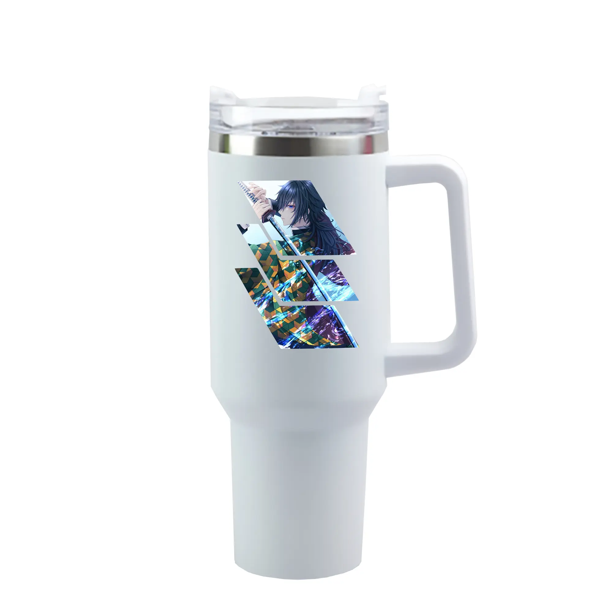 鬼滅の刃 グッズ,冨岡 義勇 - 1200mL 車用タンブラー ・ クリスタルステッカー ・ 304ステンレス 内側 ・ 201ステンレス 外側 ・ 保温 保冷 ・ ハンドル＆ストロー付き ・ 通勤 ドライブ アウトドア用