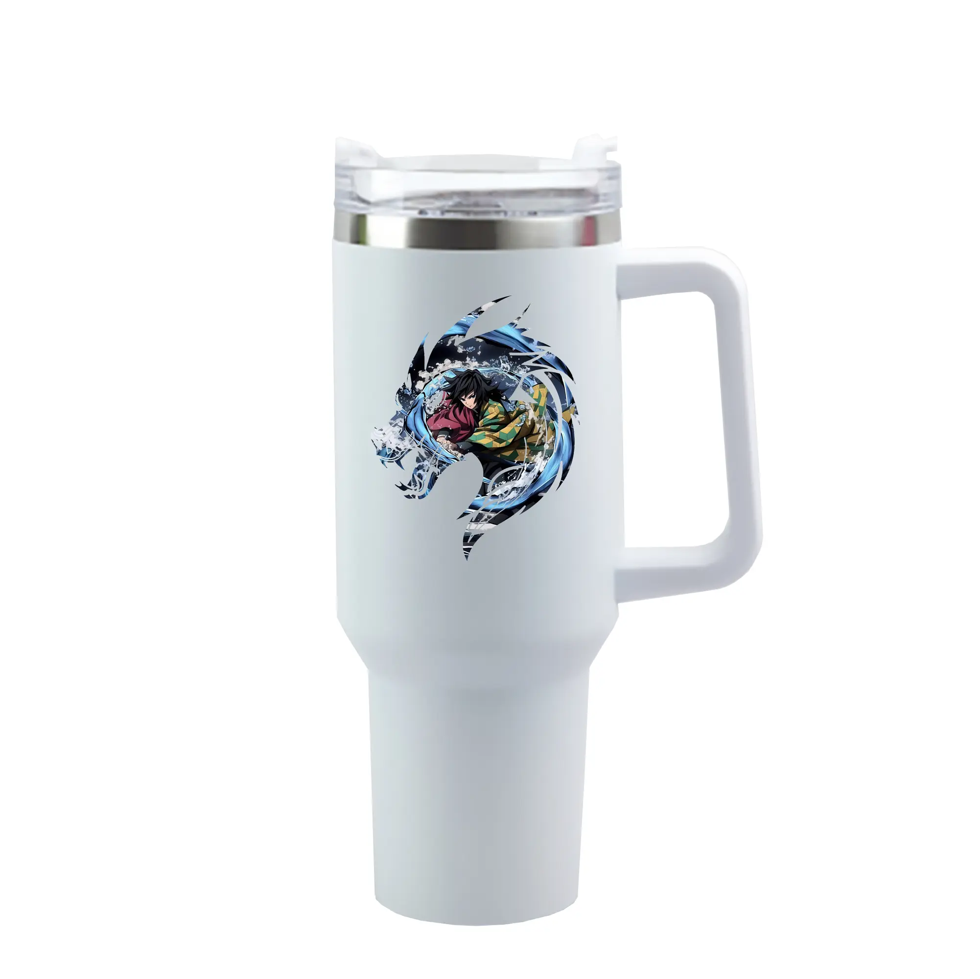 鬼滅の刃 グッズ,冨岡 義勇 - 1200mL 車用タンブラー ・ クリスタルステッカー ・ 304ステンレス 内側 ・ 201ステンレス 外側 ・ 保温 保冷 ・ ハンドル＆ストロー付き ・ 通勤 ドライブ アウトドア用