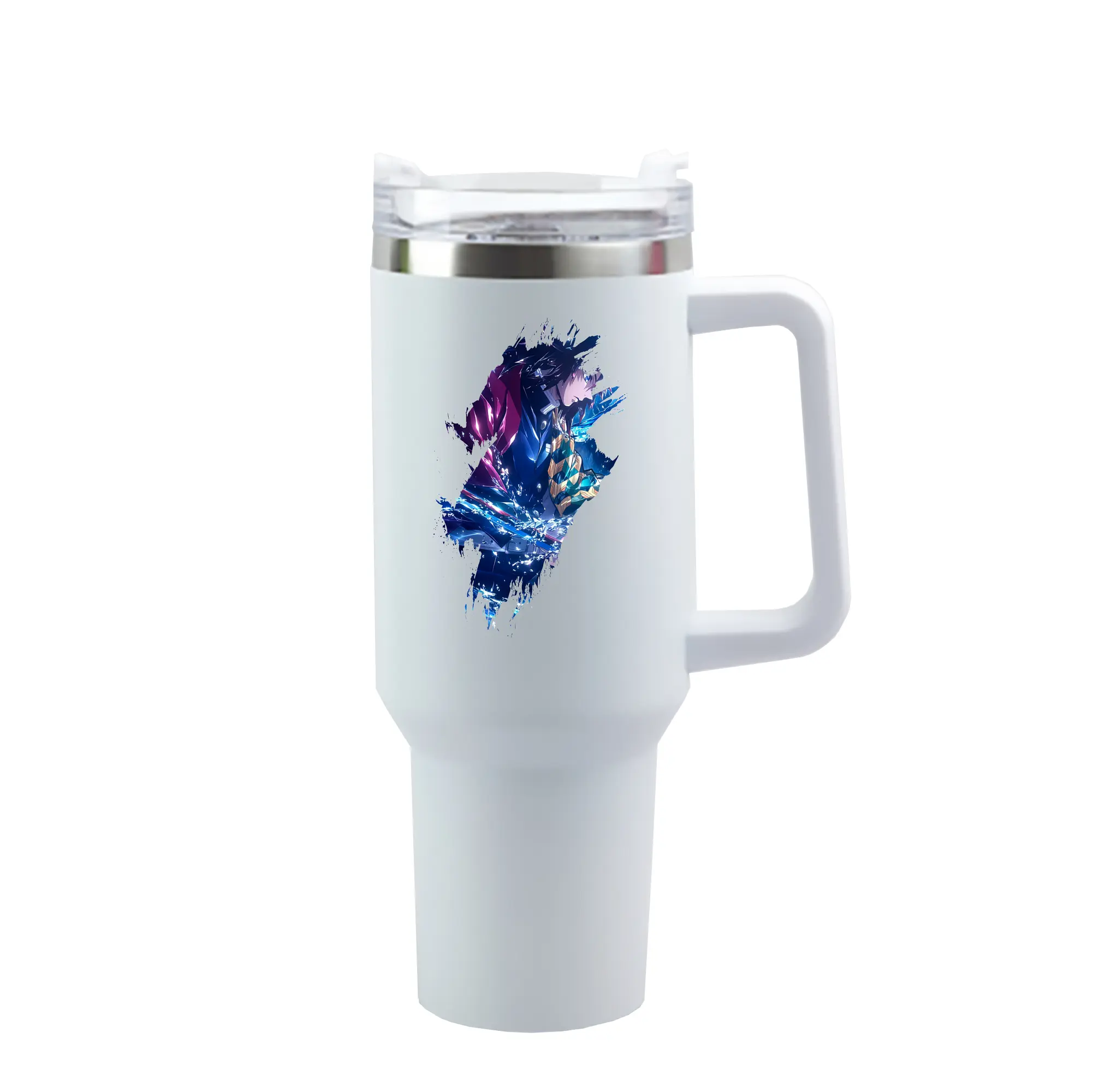 鬼滅の刃 グッズ,冨岡 義勇 - 1200mL 車用タンブラー ・ クリスタルステッカー ・ 304ステンレス 内側 ・ 201ステンレス 外側 ・ 保温 保冷 ・ ハンドル＆ストロー付き ・ 通勤 ドライブ アウトドア用