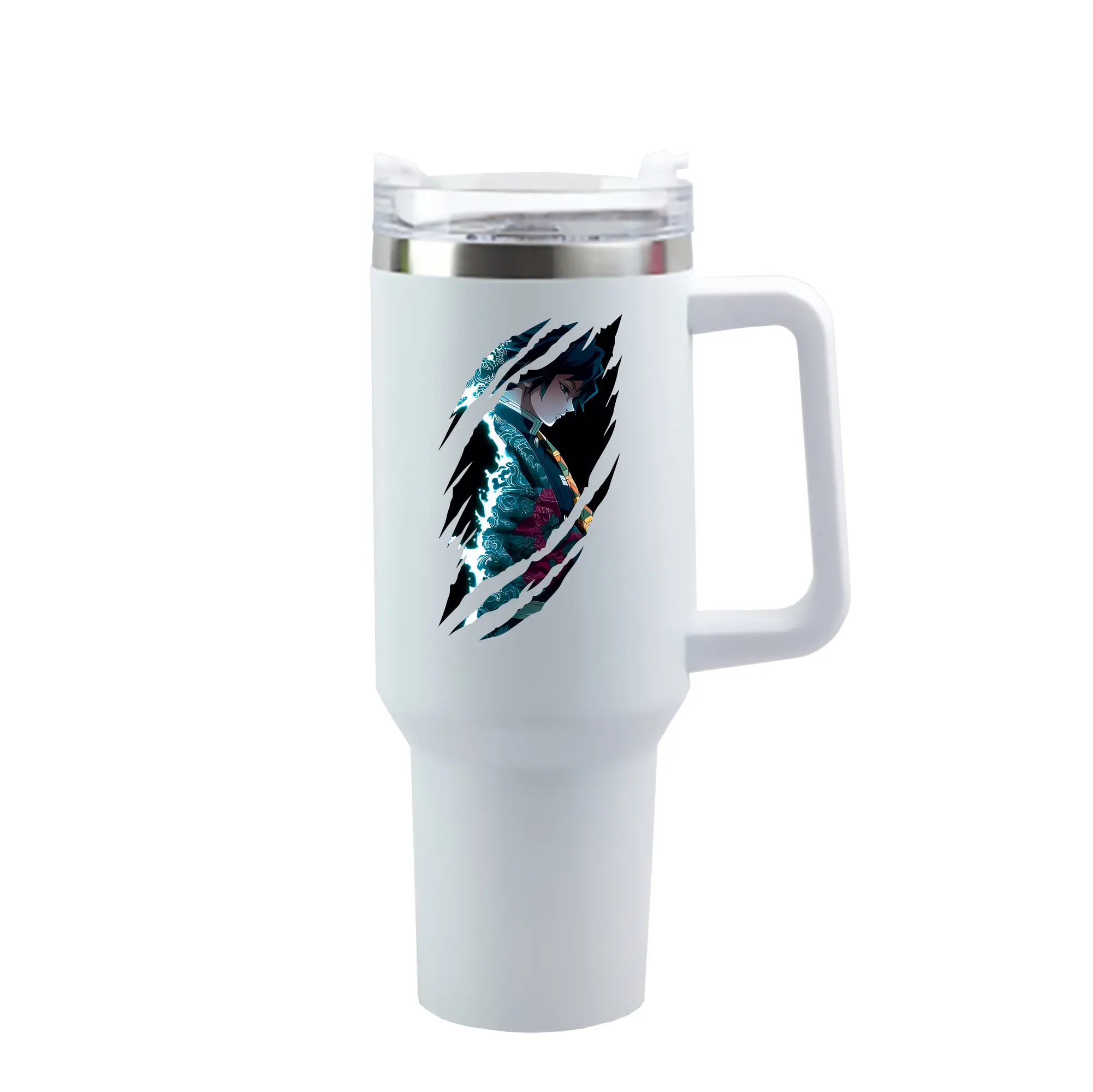 鬼滅の刃 グッズ,冨岡 義勇 - 1200mL 車用タンブラー ・ クリスタルステッカー ・ 304ステンレス 内側 ・ 201ステンレス 外側 ・ 保温 保冷 ・ ハンドル＆ストロー付き ・ 通勤 ドライブ アウトドア用