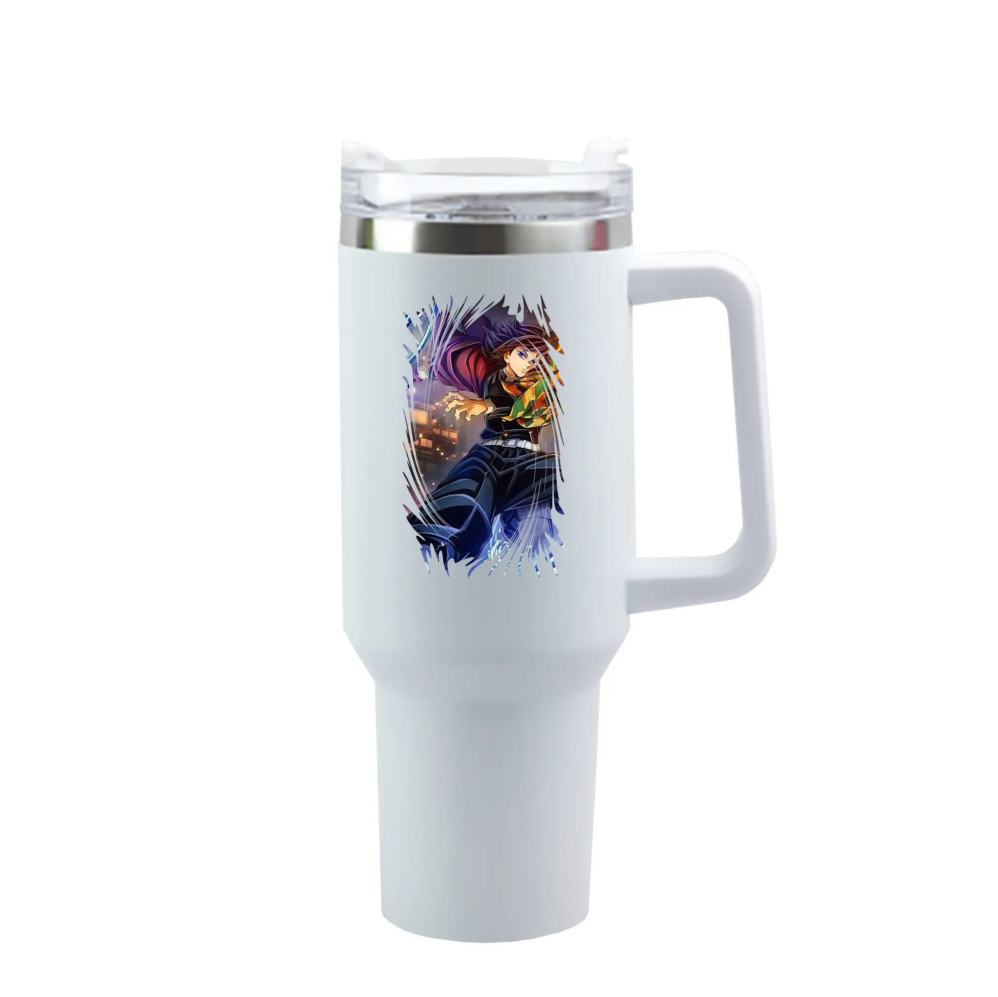 鬼滅の刃 グッズ,冨岡 義勇 - 1200mL 車用タンブラー ・ クリスタルステッカー ・ 304ステンレス 内側 ・ 201ステンレス 外側 ・ 保温 保冷 ・ ハンドル＆ストロー付き ・ 通勤 ドライブ アウトドア用
