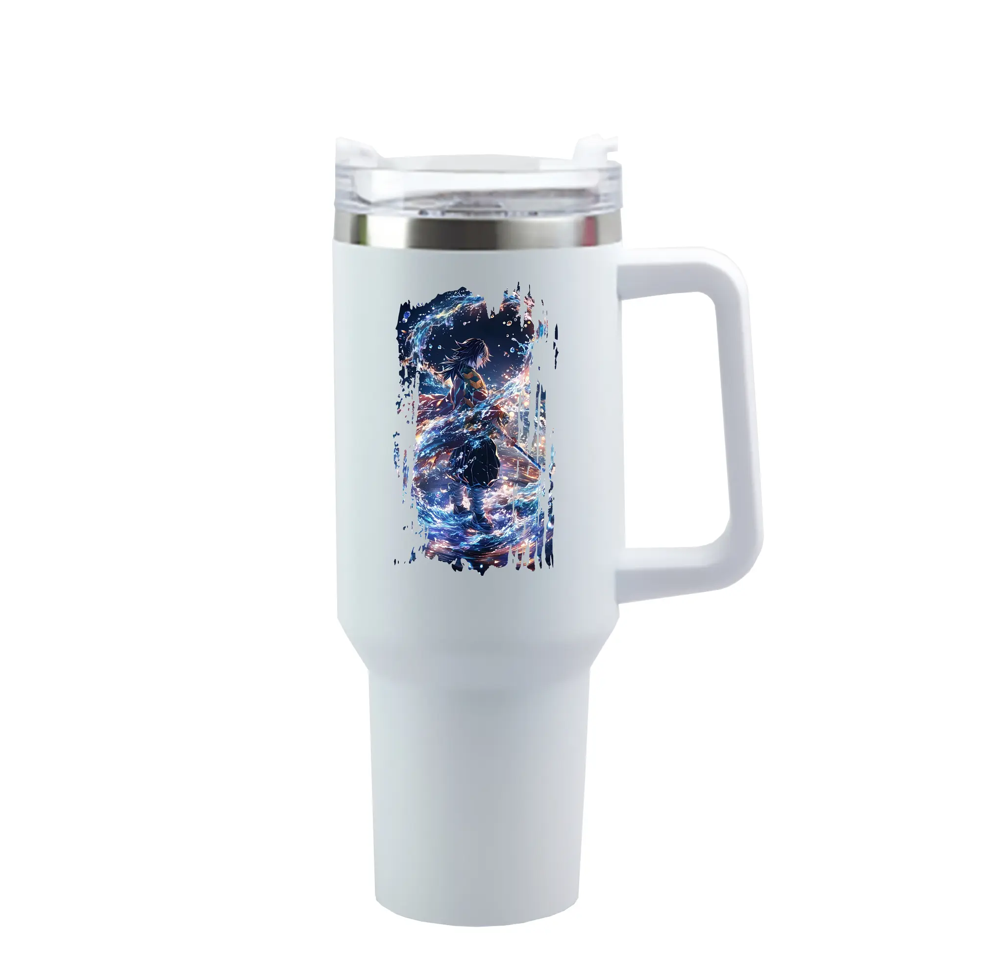 鬼滅の刃 グッズ,冨岡 義勇 - 1200mL 車用タンブラー ・ クリスタルステッカー ・ 304ステンレス 内側 ・ 201ステンレス 外側 ・ 保温 保冷 ・ ハンドル＆ストロー付き ・ 通勤 ドライブ アウトドア用