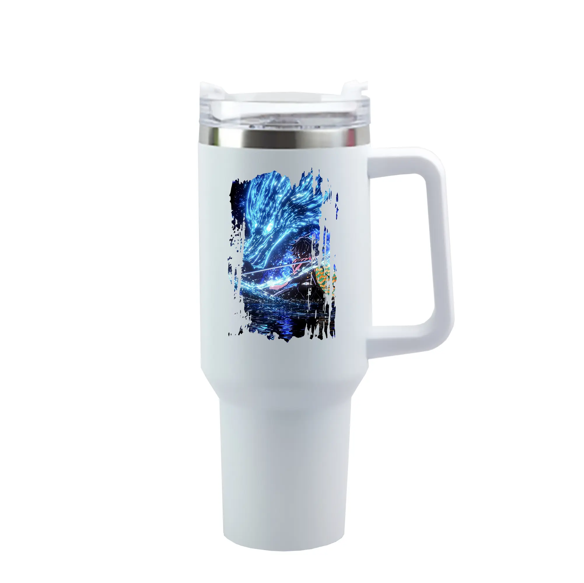 鬼滅の刃 グッズ,冨岡 義勇 - 1200mL 車用タンブラー ・ クリスタルステッカー ・ 304ステンレス 内側 ・ 201ステンレス 外側 ・ 保温 保冷 ・ ハンドル＆ストロー付き ・ 通勤 ドライブ アウトドア用