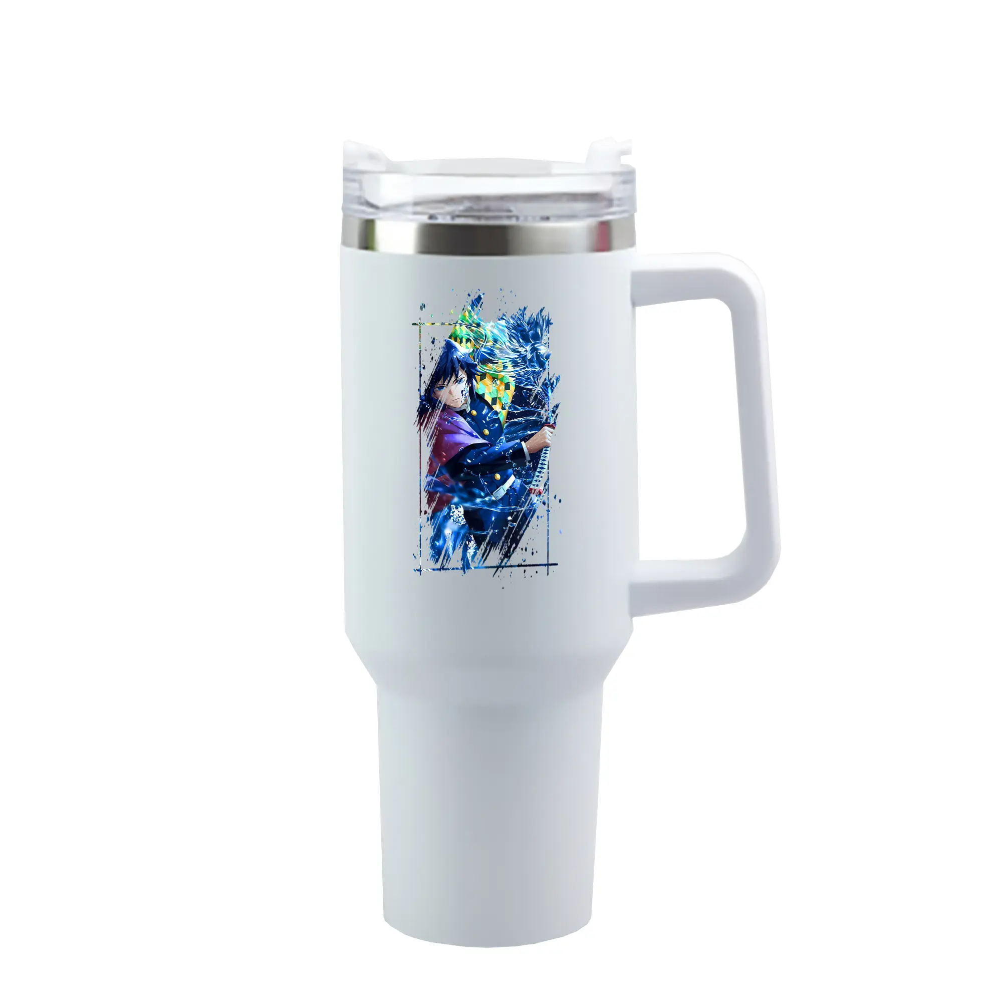 鬼滅の刃 グッズ,冨岡 義勇 - 1200mL 車用タンブラー ・ クリスタルステッカー ・ 304ステンレス 内側 ・ 201ステンレス 外側 ・ 保温 保冷 ・ ハンドル＆ストロー付き ・ 通勤 ドライブ アウトドア用