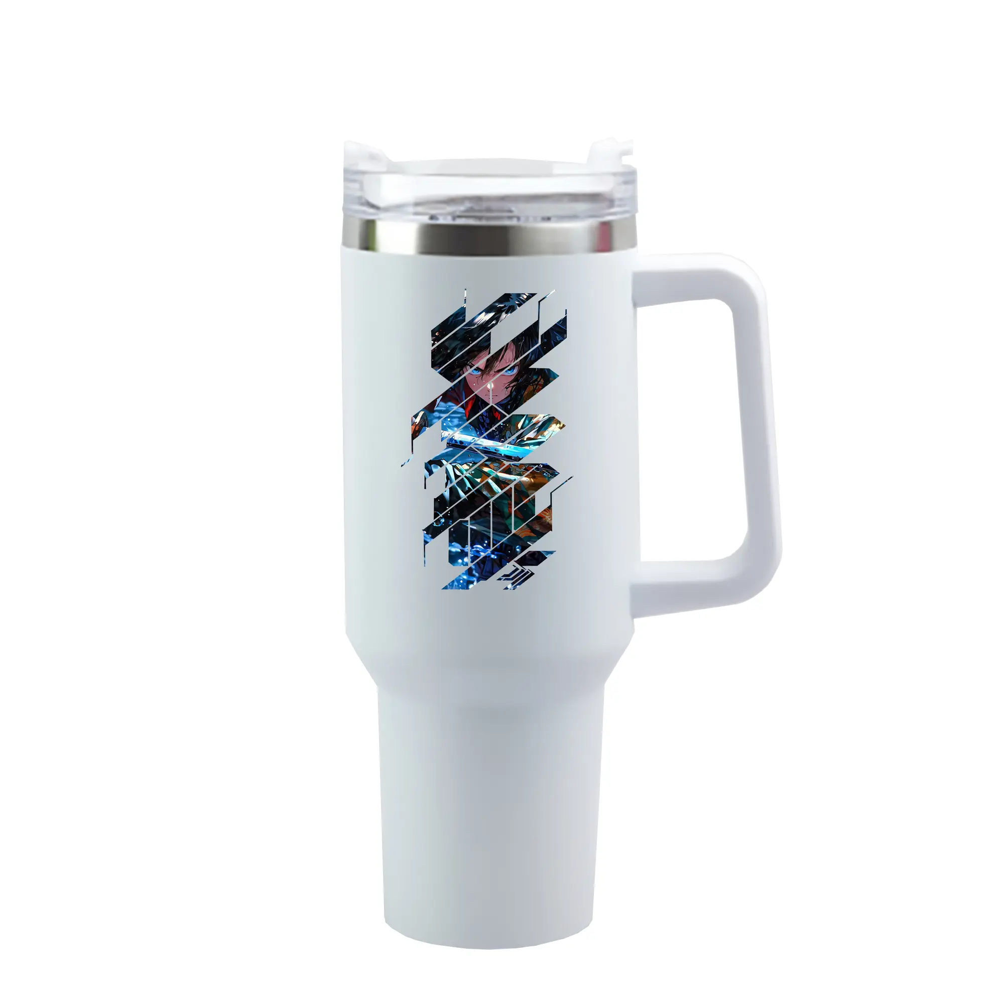 鬼滅の刃 グッズ,冨岡 義勇 - 1200mL 車用タンブラー ・ クリスタルステッカー ・ 304ステンレス 内側 ・ 201ステンレス 外側 ・ 保温 保冷 ・ ハンドル＆ストロー付き ・ 通勤 ドライブ アウトドア用