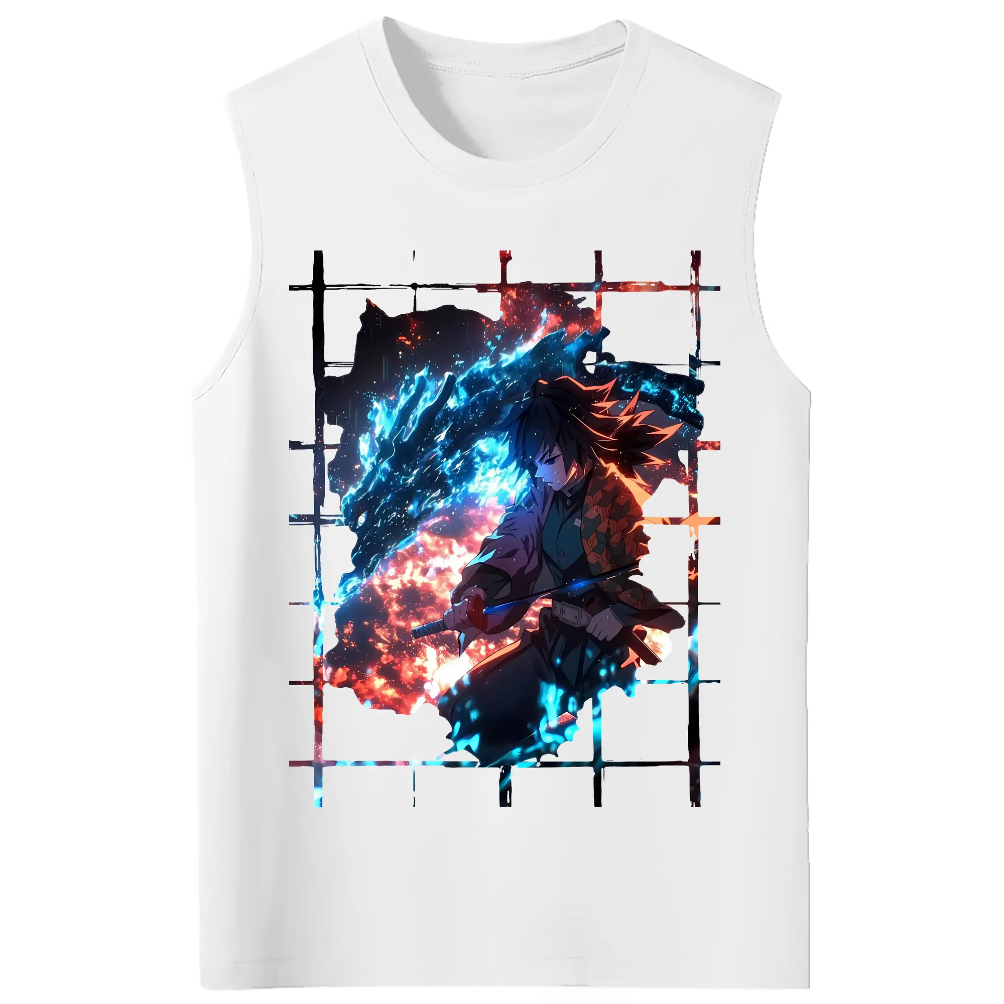 鬼滅の刃 グッズ,冨岡 義勇 - コットン100％ タンクトップ ・ フロントプリント ・ タイトフィット ・ 快適 通気性 ・ スポーツ カジュアル 散歩用