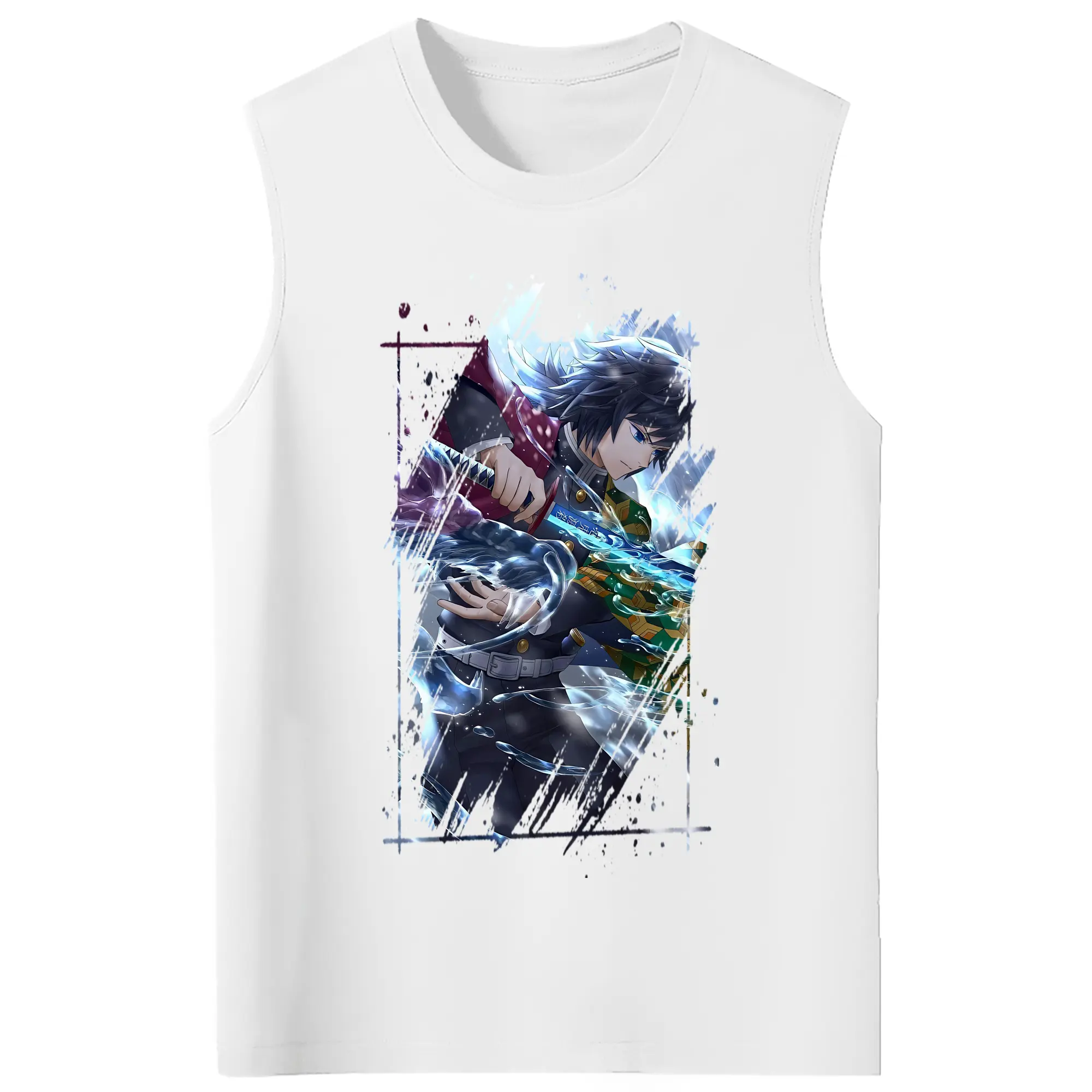 鬼滅の刃 グッズ,冨岡 義勇 - コットン100％ タンクトップ ・ フロントプリント ・ タイトフィット ・ 快適 通気性 ・ スポーツ カジュアル 散歩用