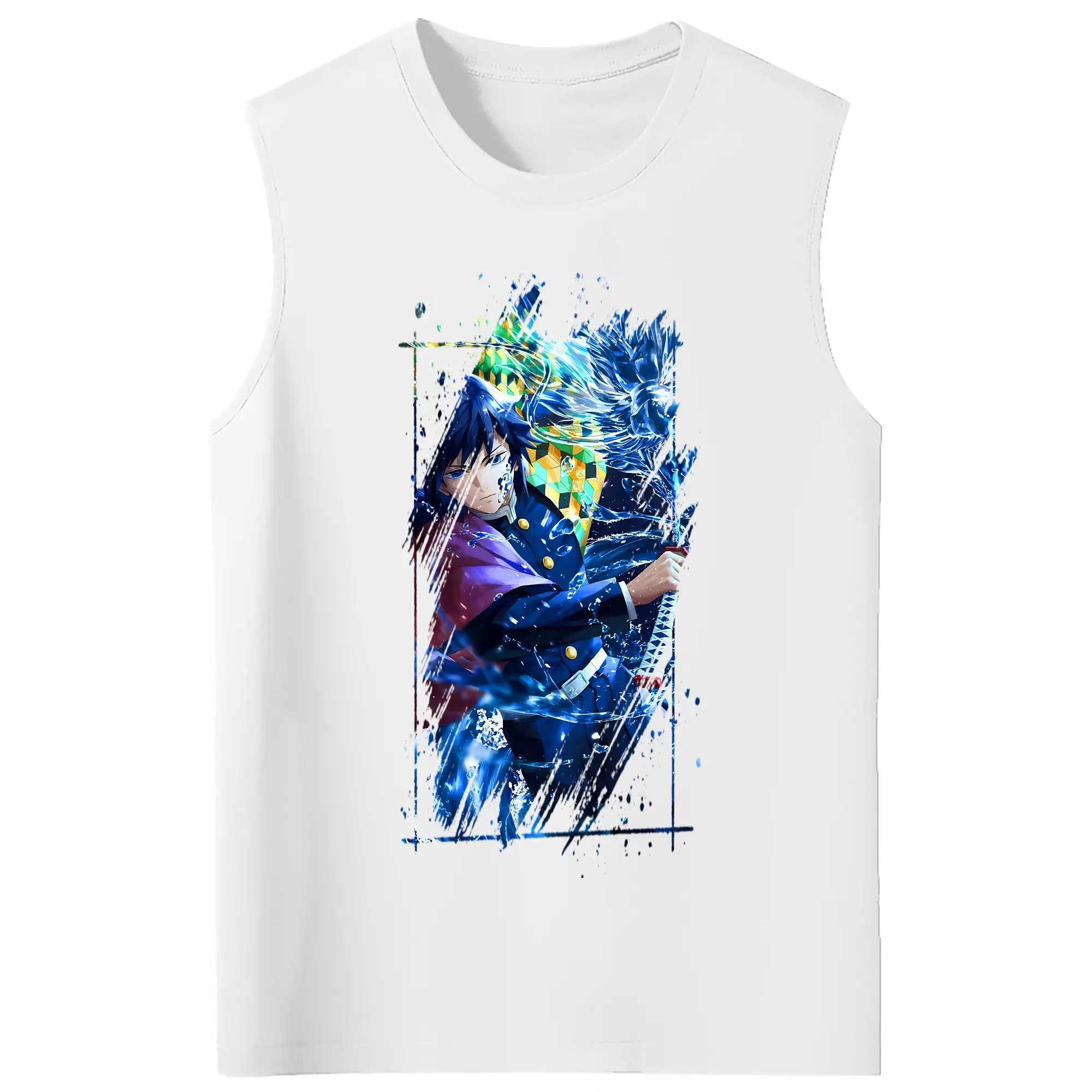 鬼滅の刃 グッズ,冨岡 義勇 - コットン100％ タンクトップ ・ フロントプリント ・ タイトフィット ・ 快適 通気性 ・ スポーツ カジュアル 散歩用